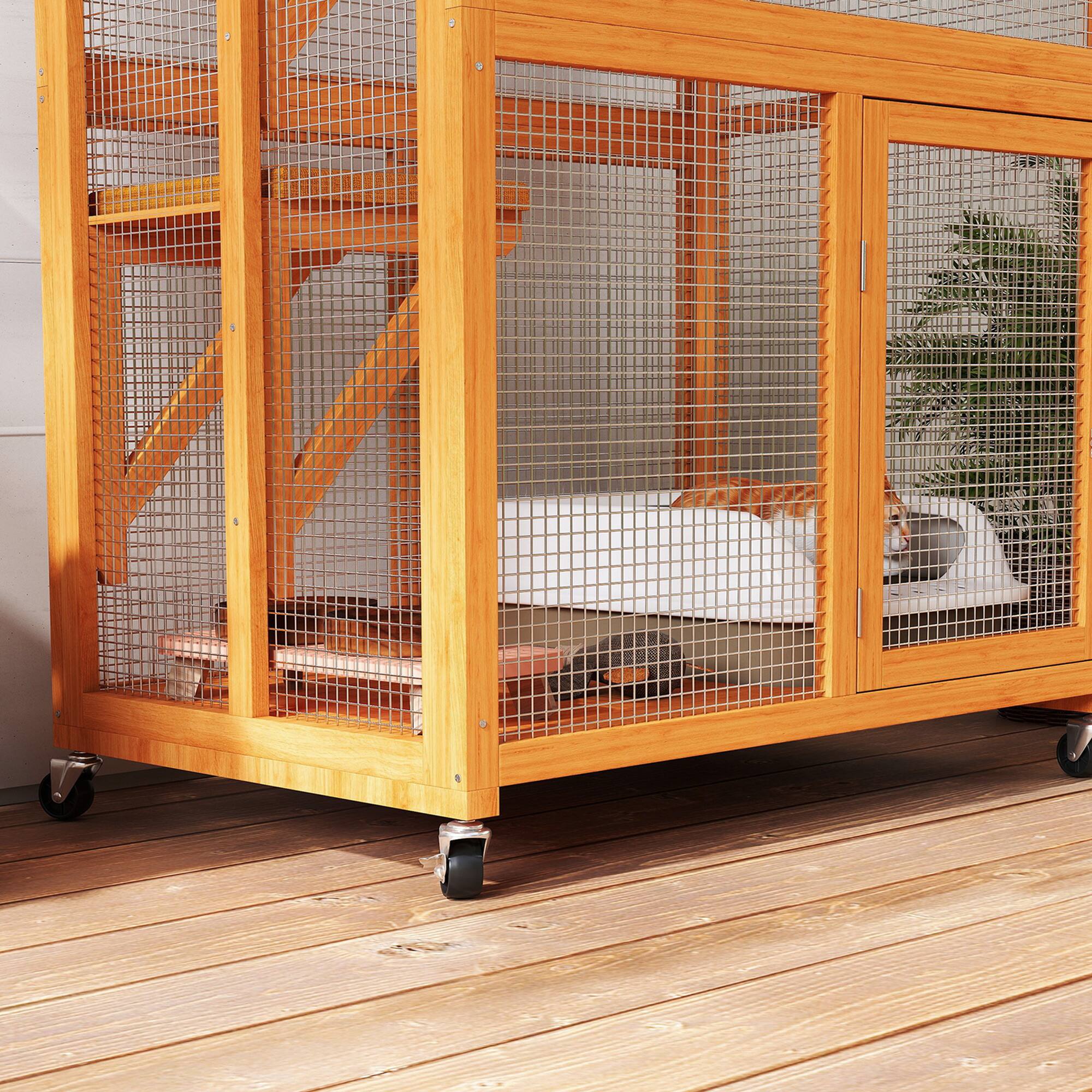 Alt View 5. Pawhut - 74" Wooden Catio Outdoor House, Weatherproof & Wheeled, Enclosure High Capacity, Kitten Cage Condo.