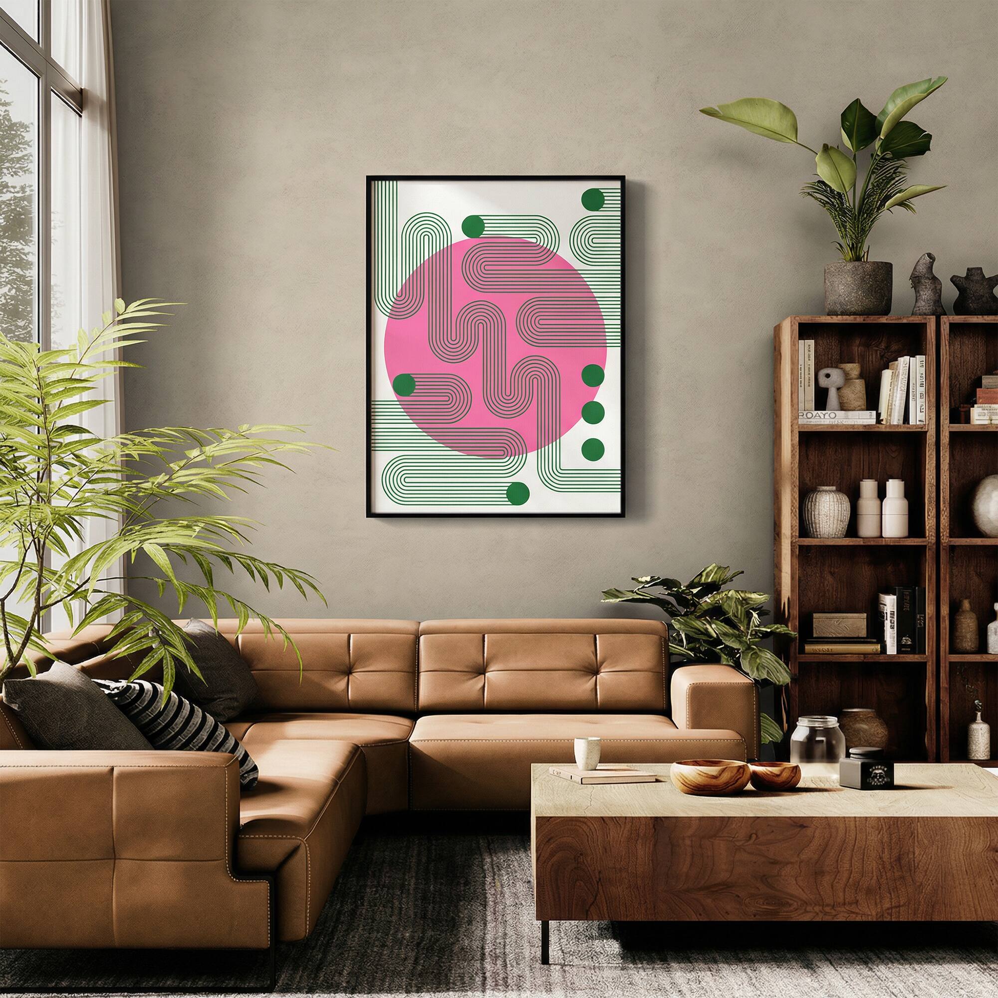 Back. HOMLUX - 1 Piece Framed Abstract Canvas Wall Art Pink Circle Wall Decor Green Line Art Decorative Canvas Print 36 in. x 24 in. - Multi-Colored.
