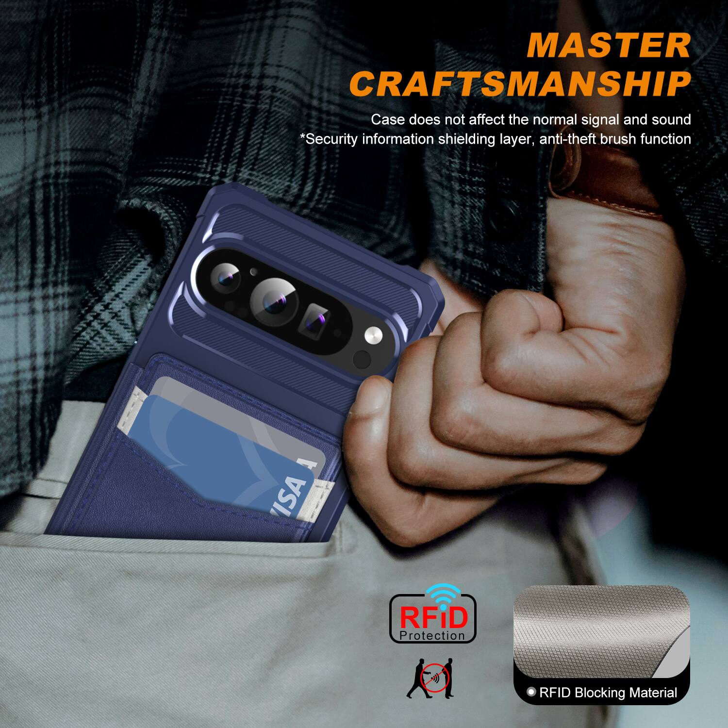 MASTER CRAFTSMANSHIP  
Case does not affect the normal signal and sound  
*Security information shielding layer, anti-theft brush function  
ISA RFID Protection  
RFID Blocking Material