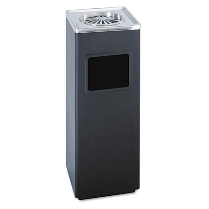 Front. Safco - Square Ash 'N' Trash Sandless Urn, 3 gal, Stainless Steel, Black.