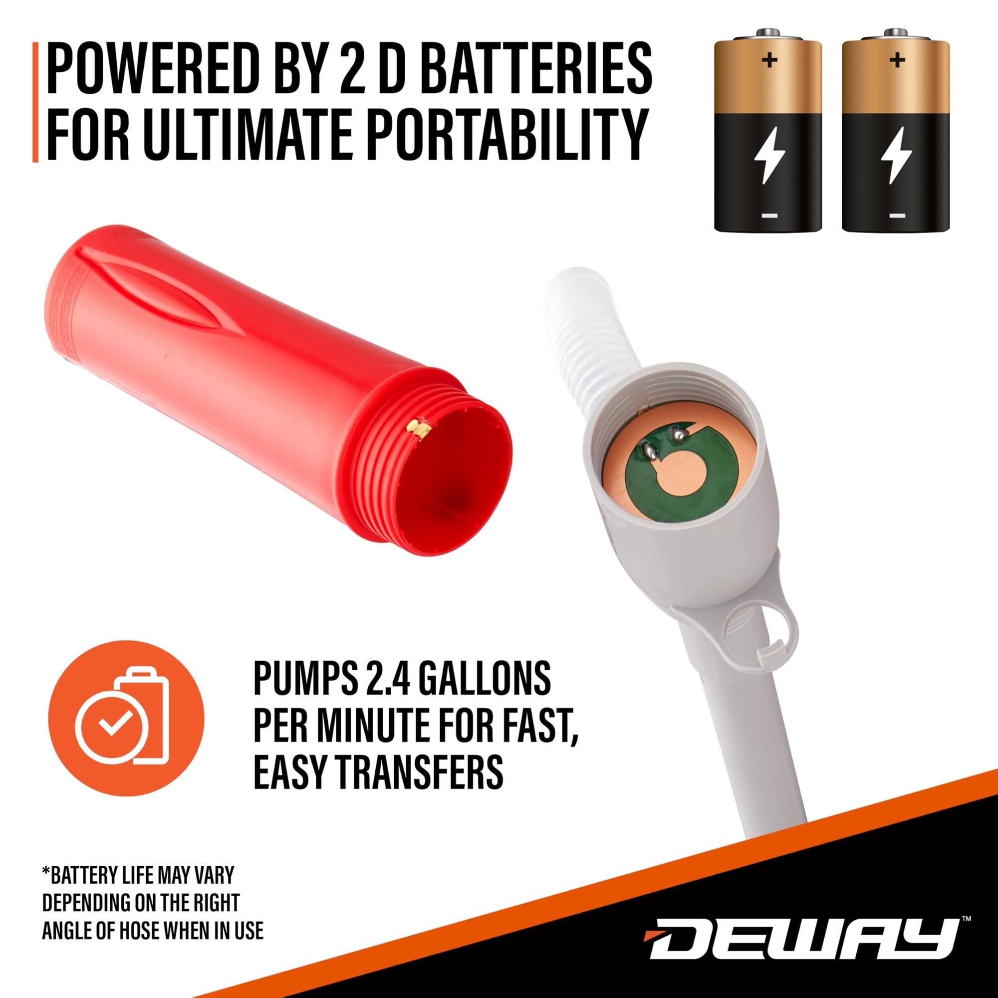 POWERED BY 2 D BATTERIES FOR ULTIMATE PORTABILITY

PUMPS 2.4 GALLONS PER MINUTE FOR FAST, EASY TRANSFERS

*BATTERY LIFE MAY VARY DEPENDING ON THE RIGHT ANGLE OF HOSE WHEN IN USE

DEWAY