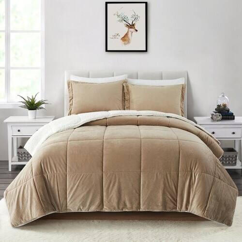 Angle. Hivvago - Queen Plush Microfiber Reversible Comforter Set in Gold - Gold.