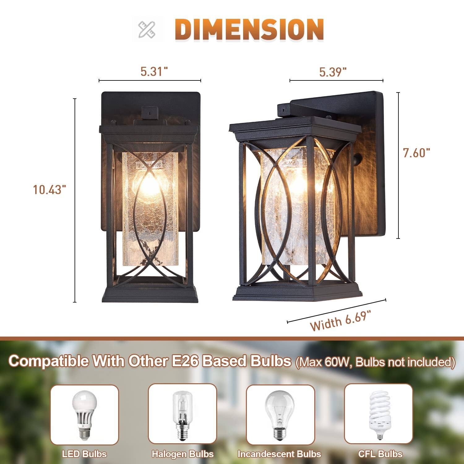 **DIMENSION**

- Height: 10.43"
- Width: 6.69"
- Depth: 7.60"
- Front Width: 5.31"
- Back Width: 5.39"

**Compatible With Other E26 Based Bulbs (Max 60W, Bulbs not included)**

- LED Bulbs
- Halogen Bulbs
- Incandescent Bulbs
- CFL Bulbs