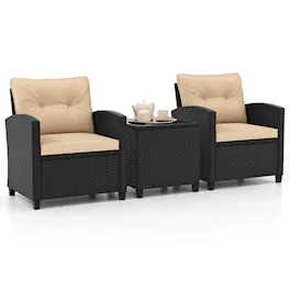 Costway - 3 PCS Patio Furniture Set with Tempered Glass Coffee Table Washable Cushions - Beige,Black