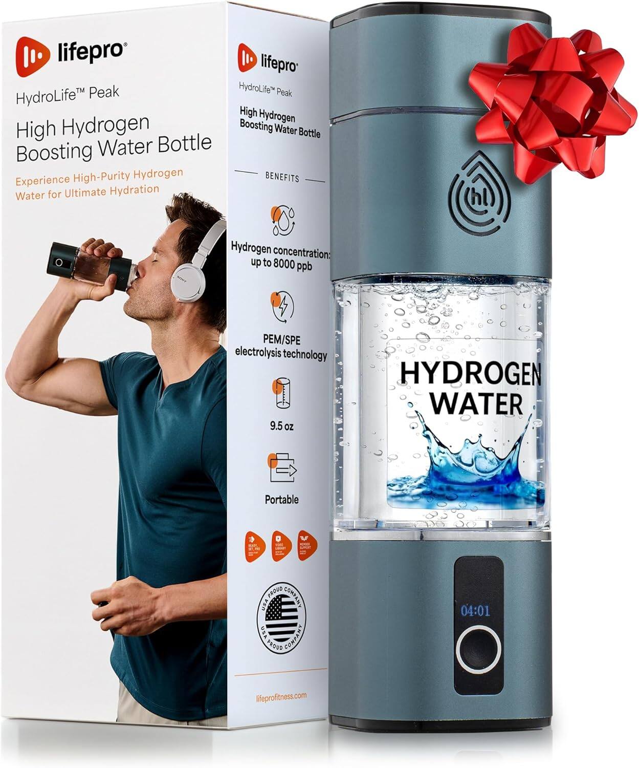 lifepro  
lifepro™ Peak  
HydroLife™ Peak  
High Hydrogen Boosting Water Bottle  
Experience High-Purity Hydrogen Water for Ultimate Hydration  

BENEFITS  
Hydrogen concentration: up to 8000 ppb  
PEM/SPE electrolysis technology  
9.5 oz  
Portable  

HYDROGEN WATER  

PROVO COMPANY  
CONA USA  
GLORE VER COMPANY  

lfeprofitness.com
