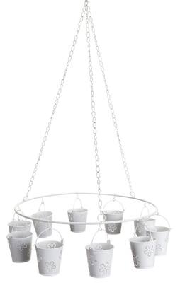 Front. Melrose - 25.5" White Round Hanging Tealight Candleholder Floral Buckets - White.