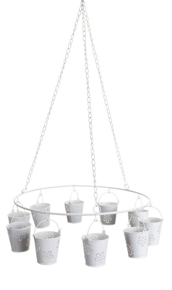Front. Melrose - 25.5" White Round Hanging Tealight Candleholder Floral Buckets - White.