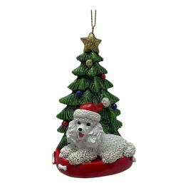 Kurt S Adler - Kurt Adler White Poodle Dog Wearing Santa Hat with Christmas Tree Resin Ornament 4.25 inch - Multicolor