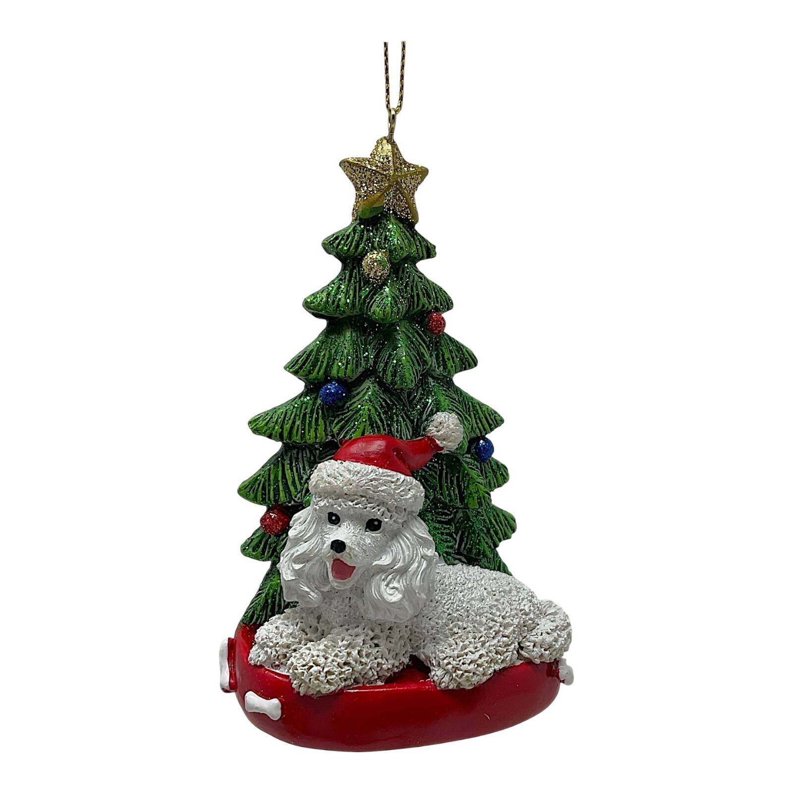 Kurt S Adler - Kurt Adler White Poodle Dog Wearing Santa Hat with Christmas Tree Resin Ornament 4.25 inch - Multicolor