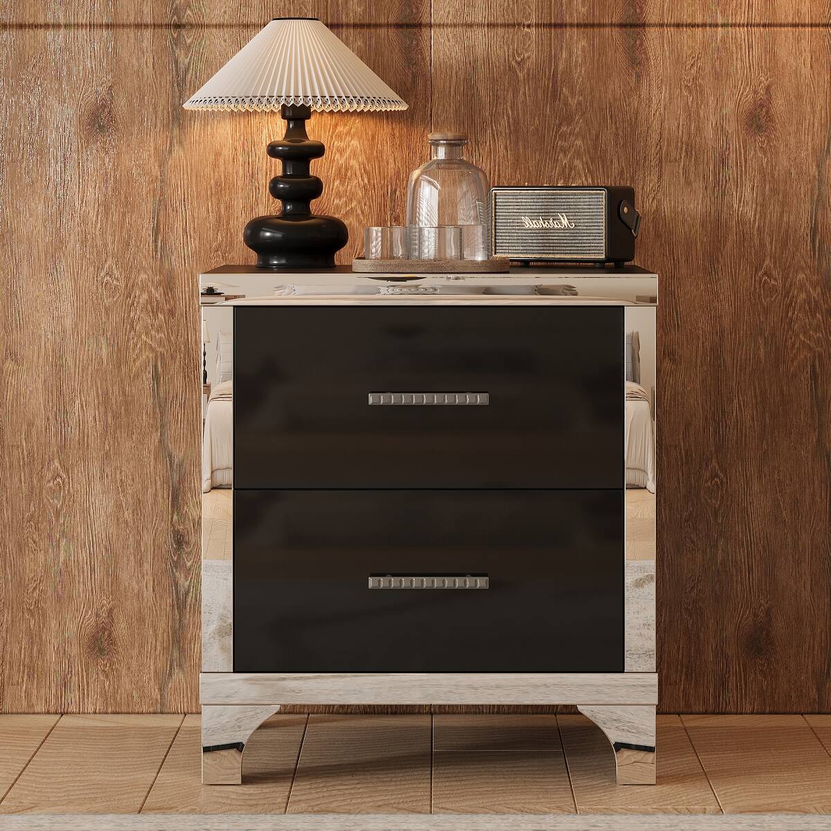 Left. Loheer - Loheer Black Two Drawer Nightstand, High Gloss Mirrored Bedside Table - Black.
