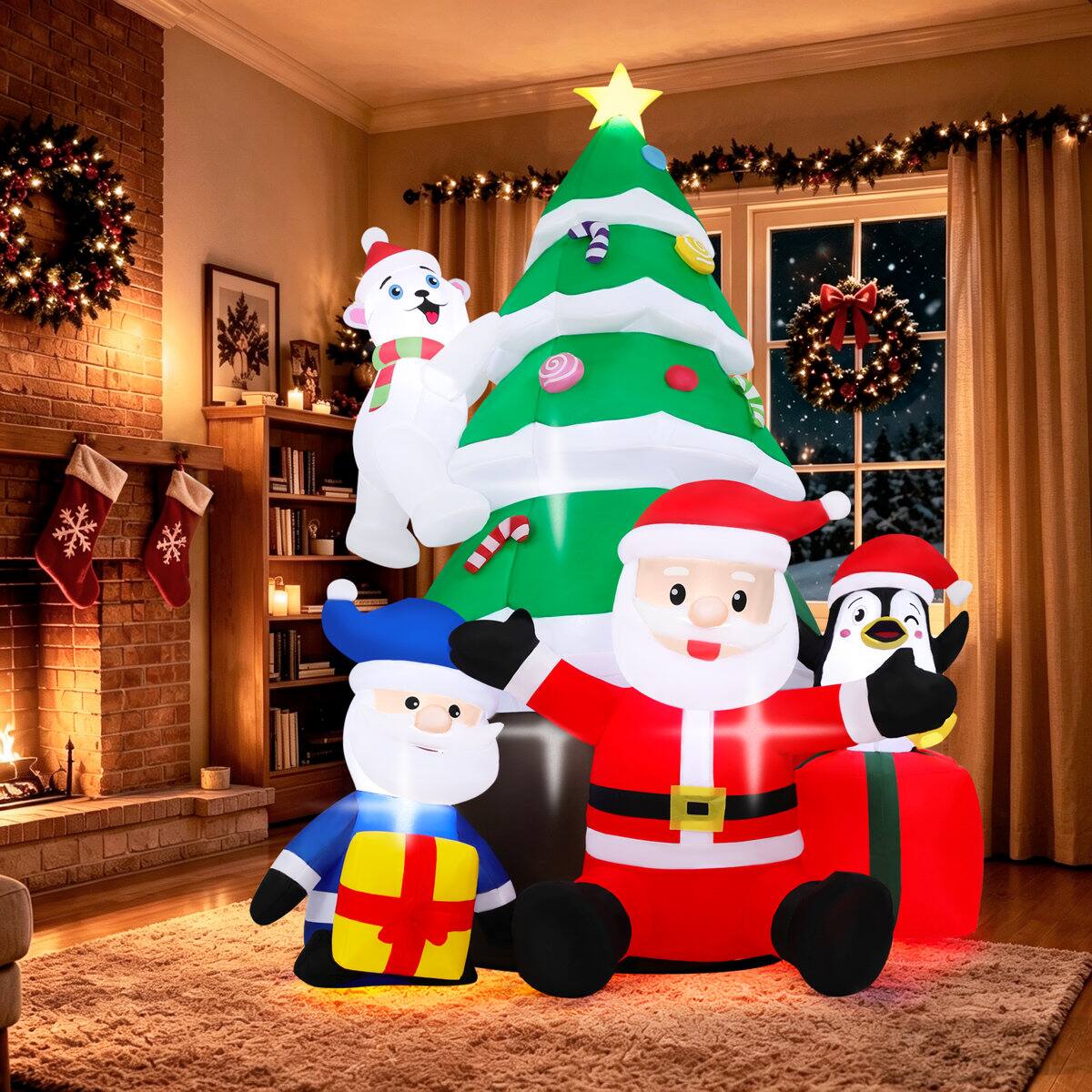 Left. Wisairt - 7FT Christmas Inflatable Santa Claus and Christmas Tree Gift Outdoor Yard Decoration with Built-in LED lihgts - Green|White|Red.