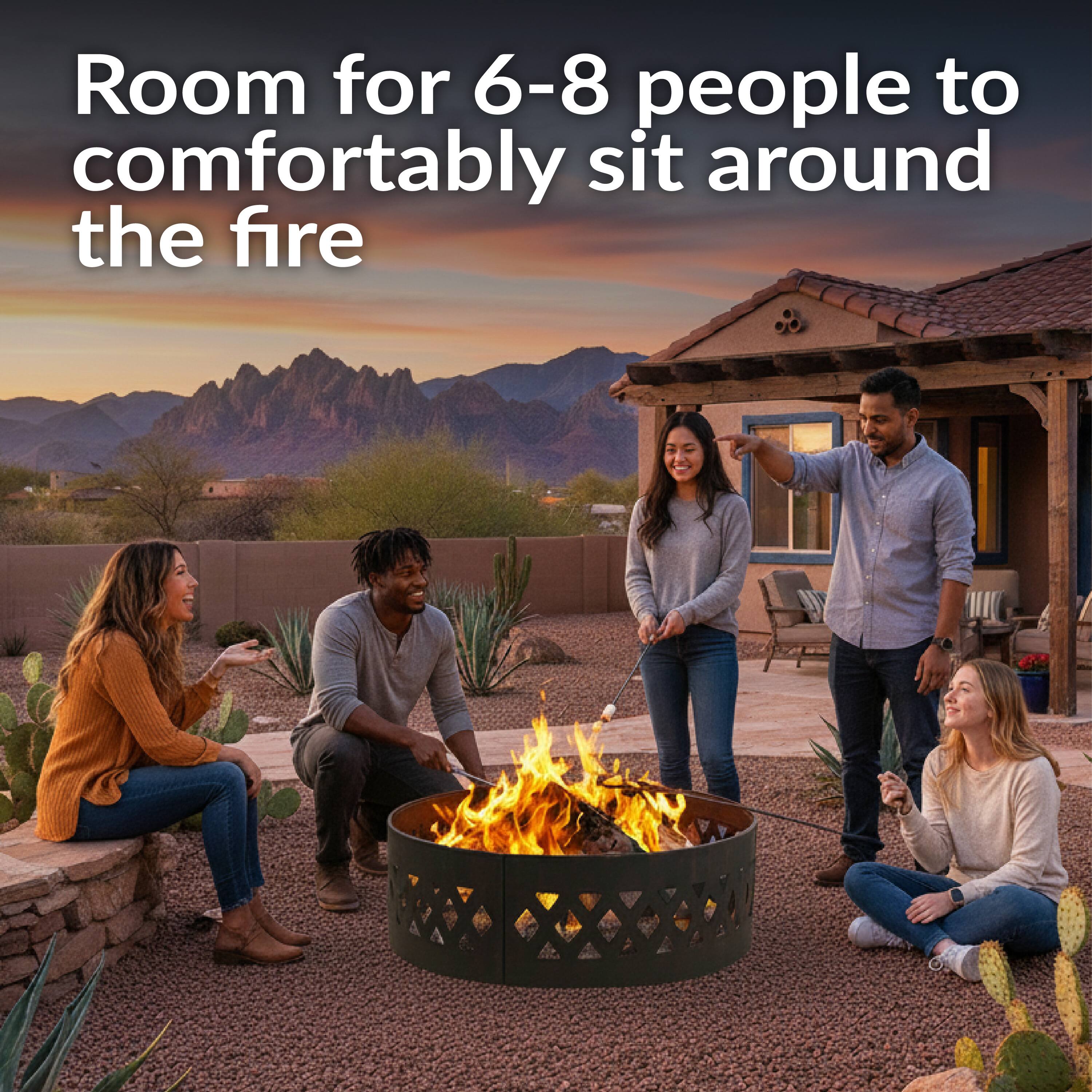 Room for 6-8 people to comfortably sit around the fire