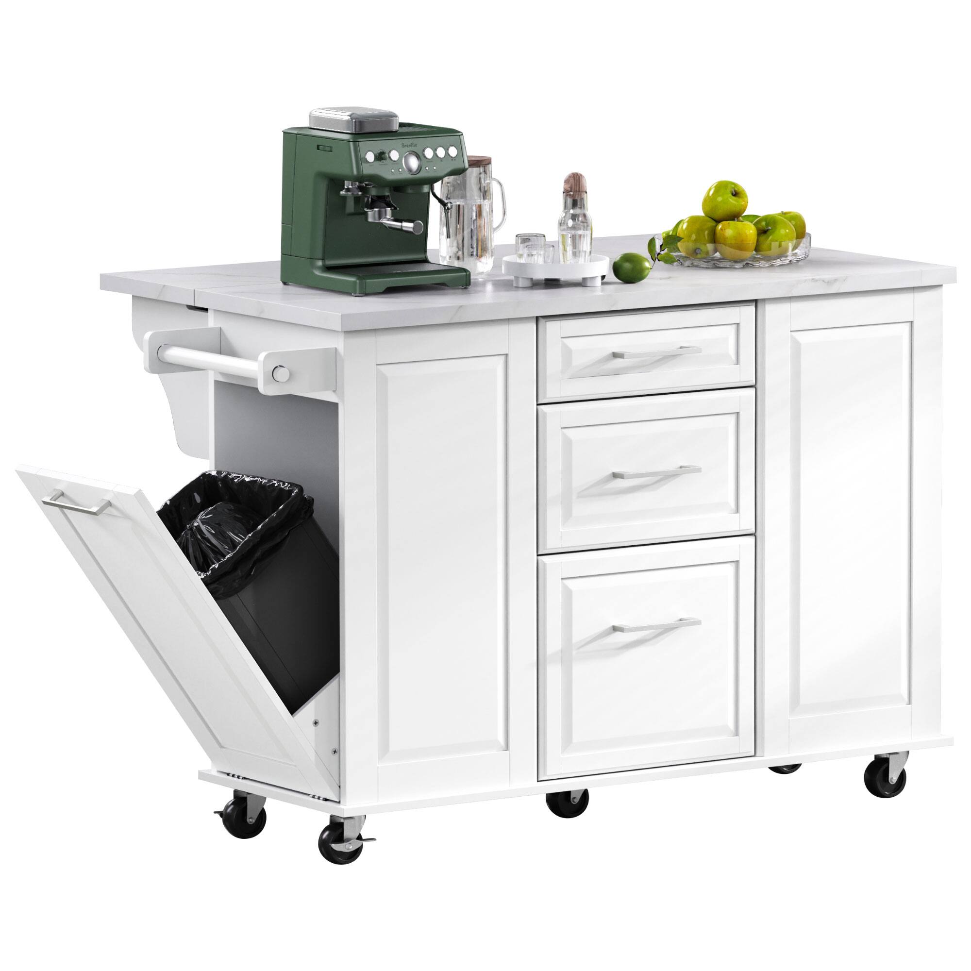 Left. Whisen - 50.7" Rolling Kitchen Island Cart with Tilt Trash Can and Storage for Kitchen & Dining Room - White.