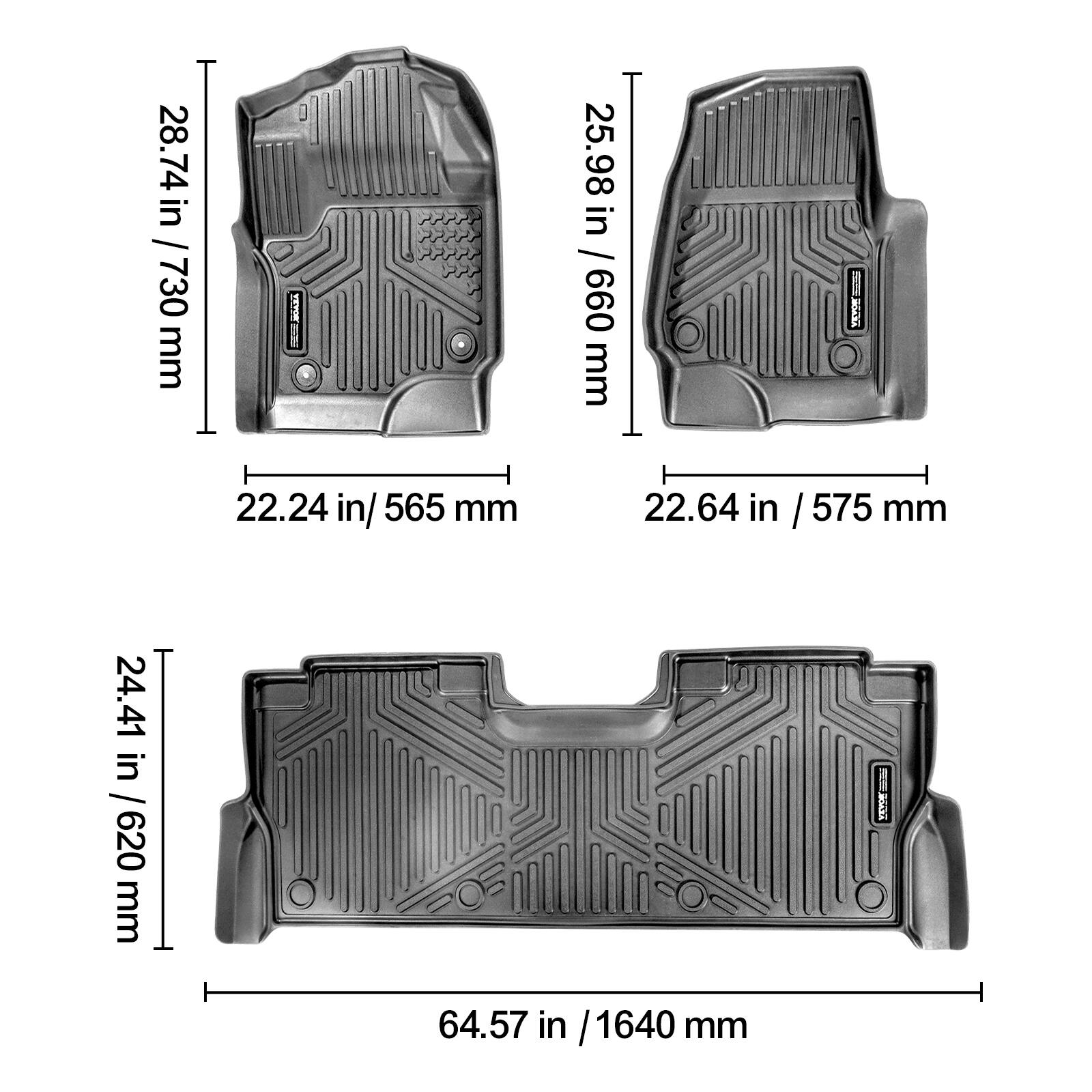- 28.74 in / 730 mm
- 22.24 in / 565 mm

- 25.98 in / 660 mm
- 22.64 in / 575 mm

- 24.41 in / 620 mm
- 64.57 in / 1640 mm