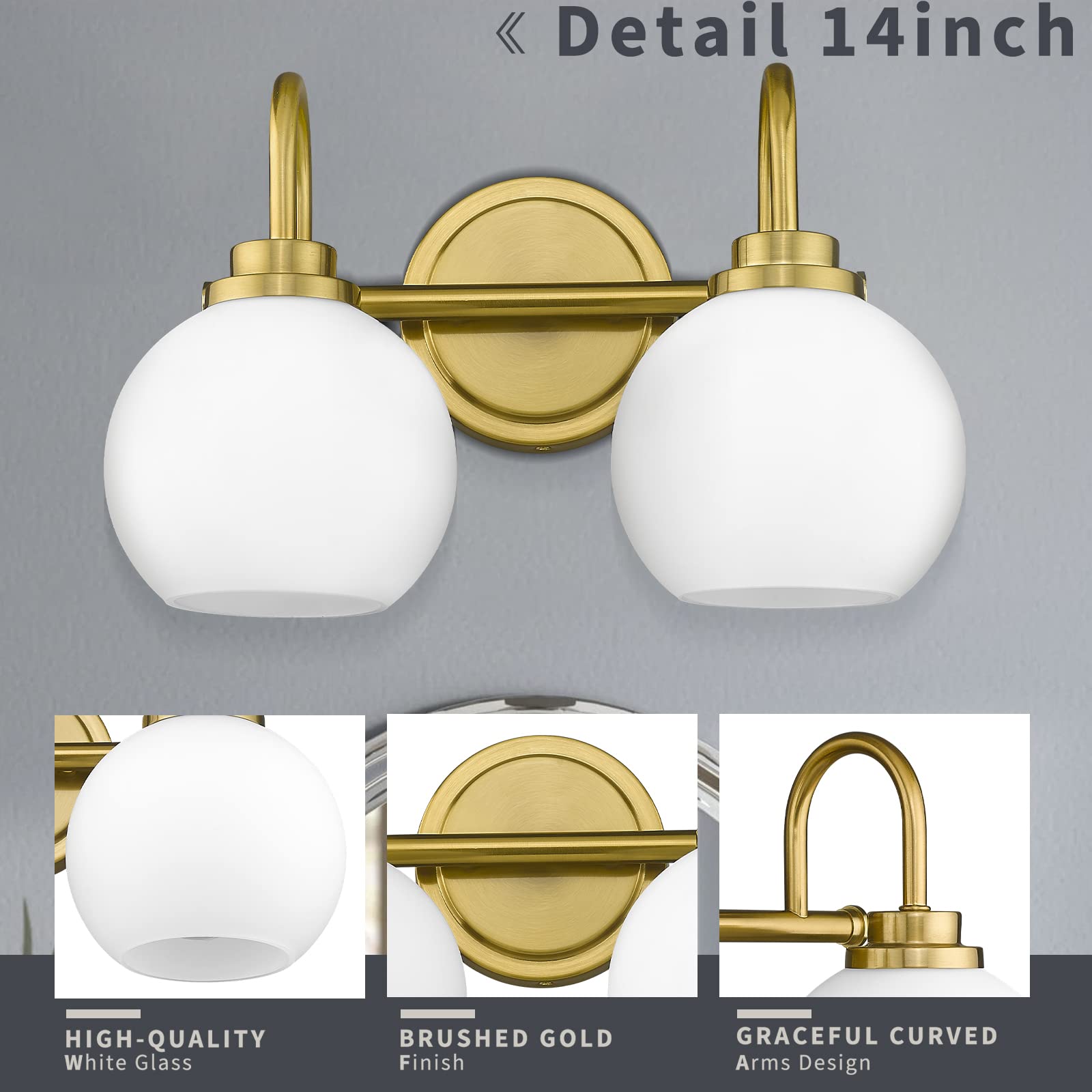 Detail 14inch

HIGH-QUALITY White Glass

BRUSHED GOLD Finish

GRACEFUL CURVED Arms Design