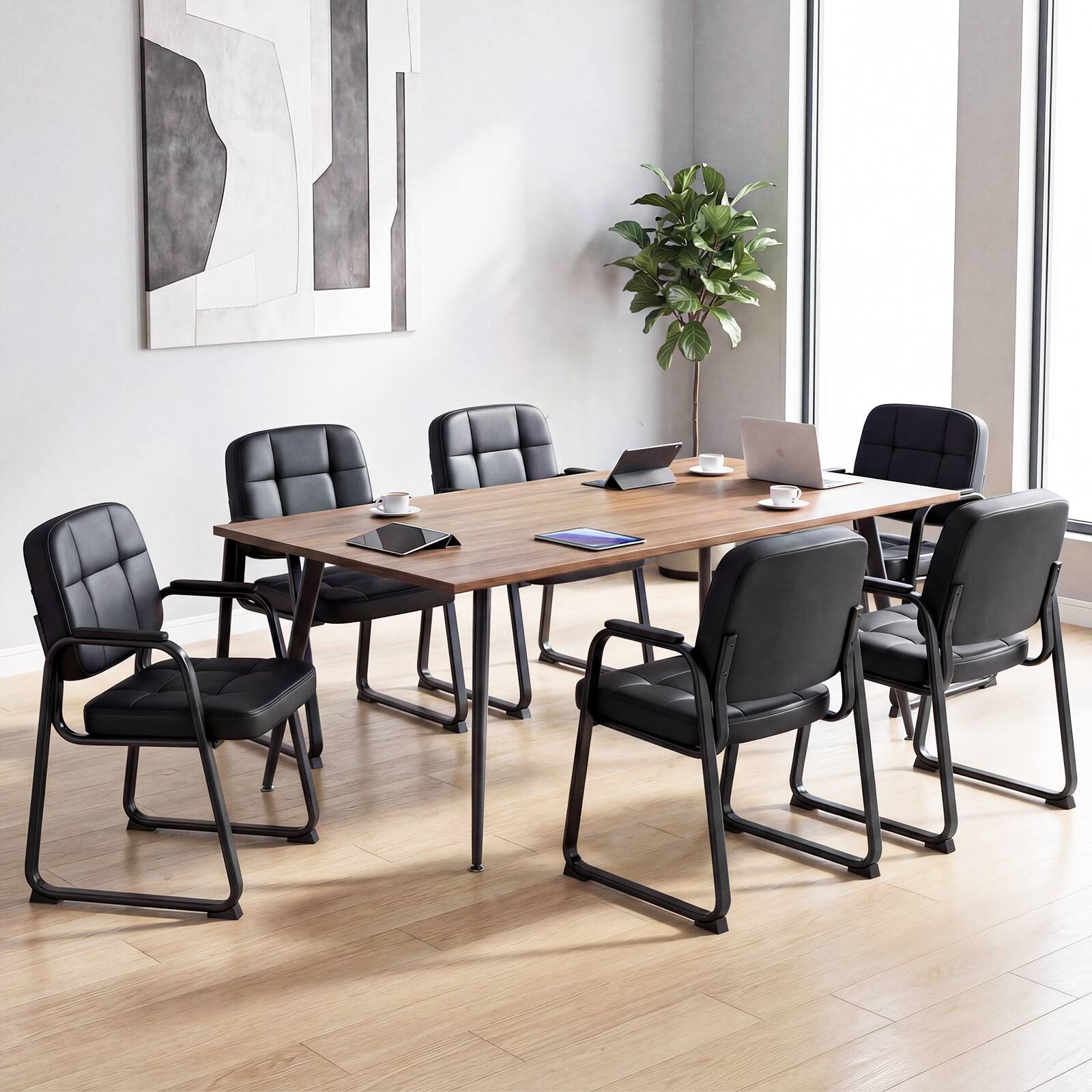 Alt View 1. Costway - Costway Leather Office Reception Chairs Set of 6 withPadded Armrests Sled Base Metal Frame - Black.