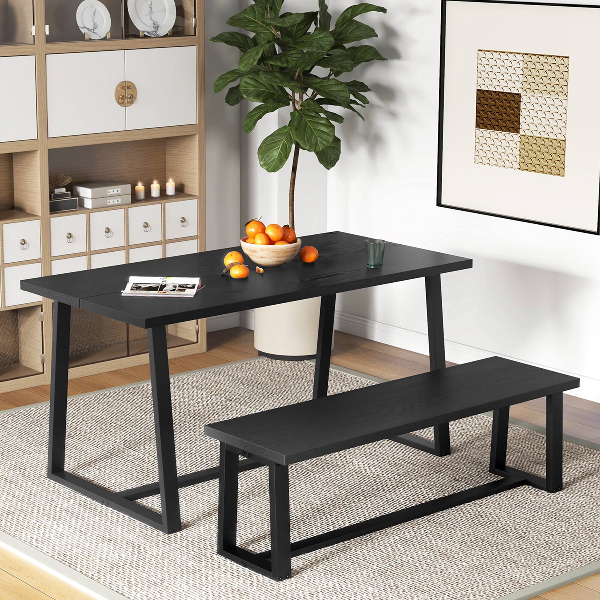 Angle. Costway - 56.5"L Large Wood Dining Bench with Metal Frame Adjustable Footpads for Kitchen Black - Black.