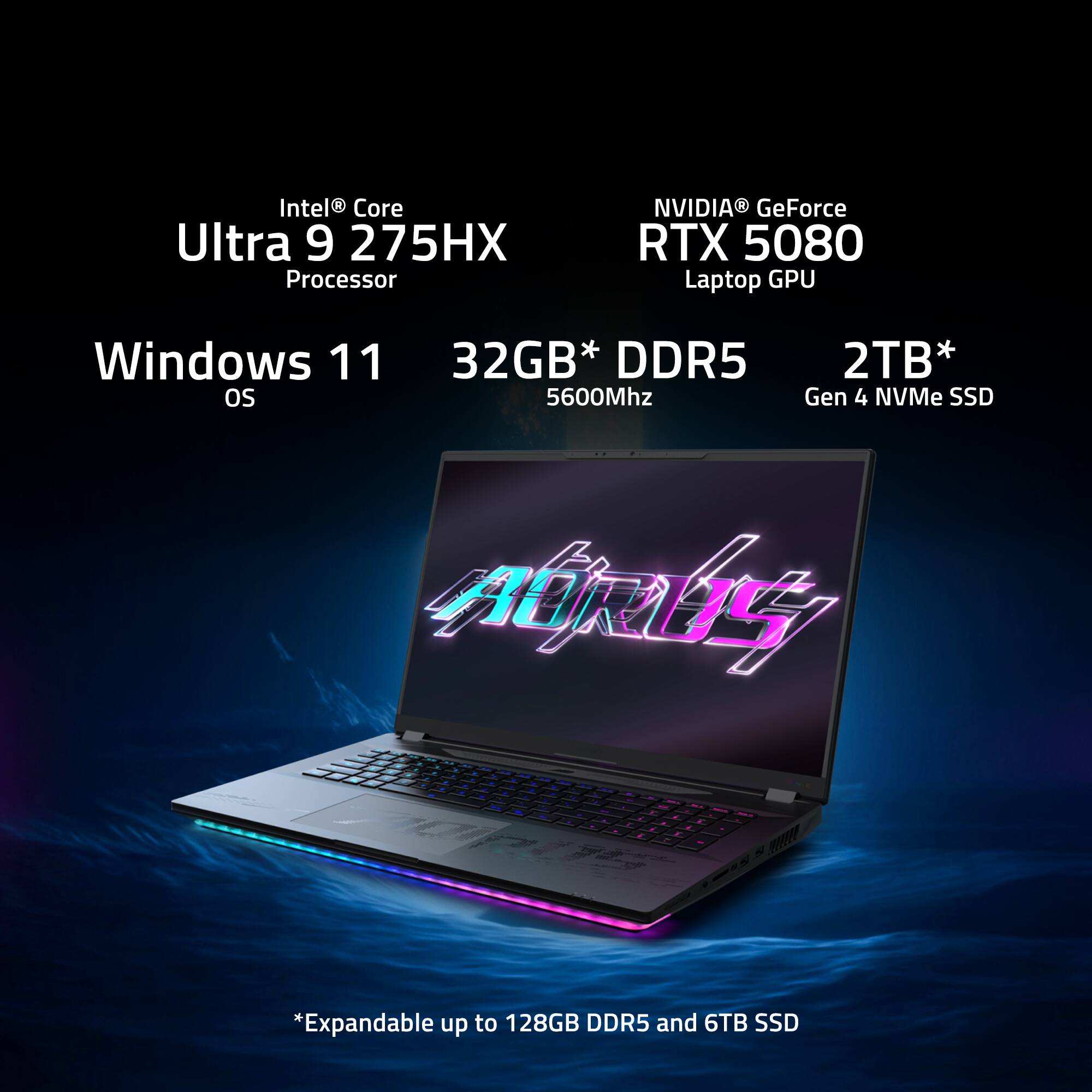 Intel Core Ultra 9 275HX Processor, NVIDIA GeForce RTX 5080 Laptop GPU, Windows 11 OS, 32GB* DDR5 5600Mhz, 2TB* Gen 4 NVMe SSD, *Expandable up to 128GB DDR5 and 6TB SSD