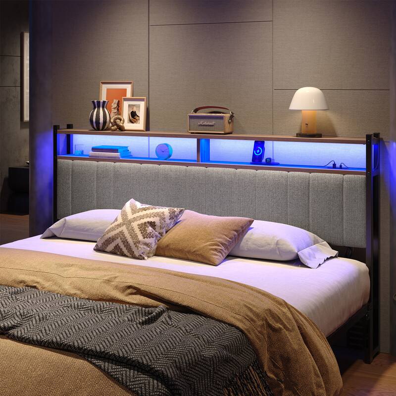 Front. Pinmoco - Linen Upholstered Storage Headboard LED Headboard with Charging Station - Gray.