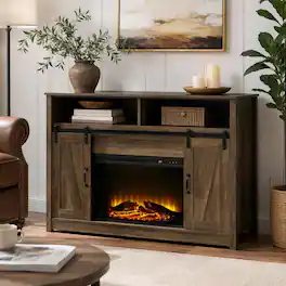 RYHNUYNE - Tobias Rustic Oak TV Stand with Built-In Fireplace, Sliding Barn Door Storage Cabinet, 2 Door and Open Shelves - White