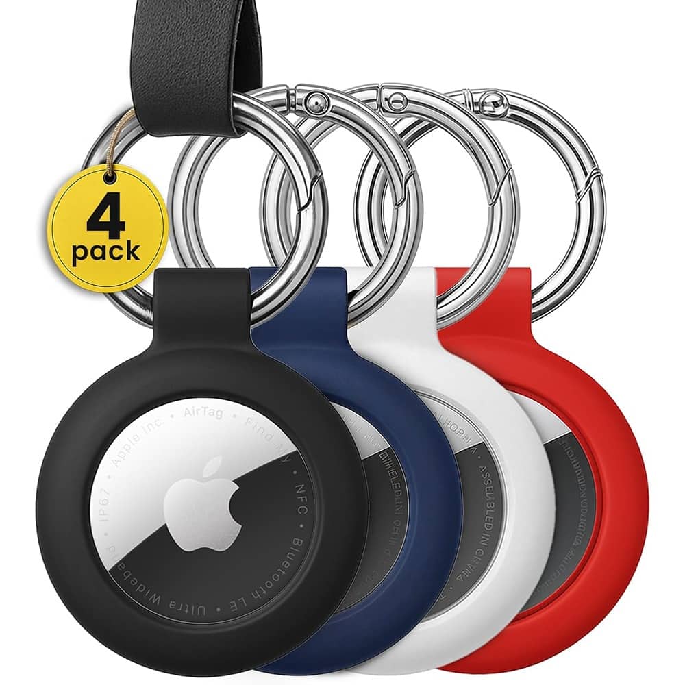 RTMB - AirTag Keychain Holder 4-Pack – Secure Silicone Case Covers for Apple AirTag - Black, Blue, White, Red