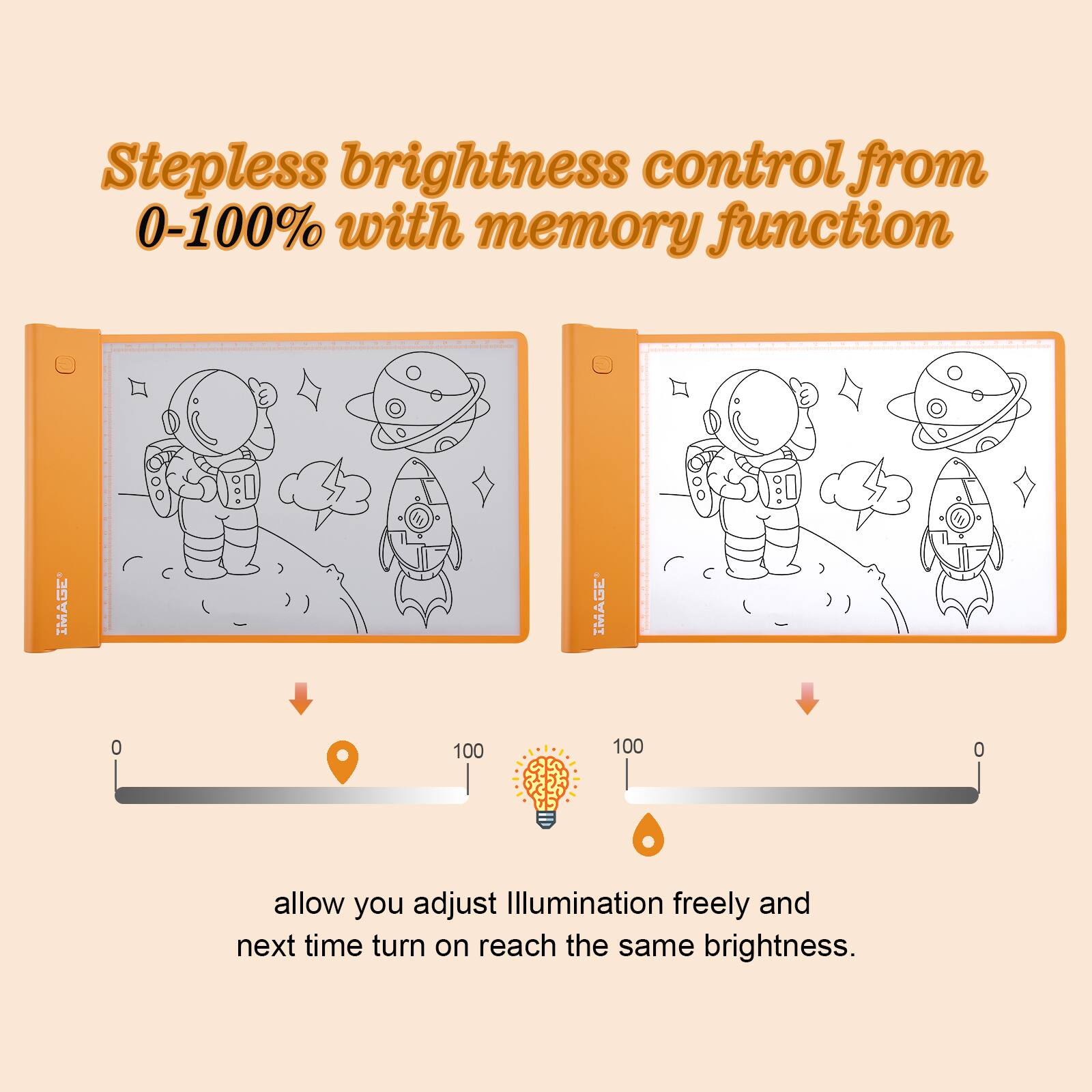 Stepless brightness control from 0-100% with memory function

allow you adjust illumination freely and next time turn on reach the same brightness.