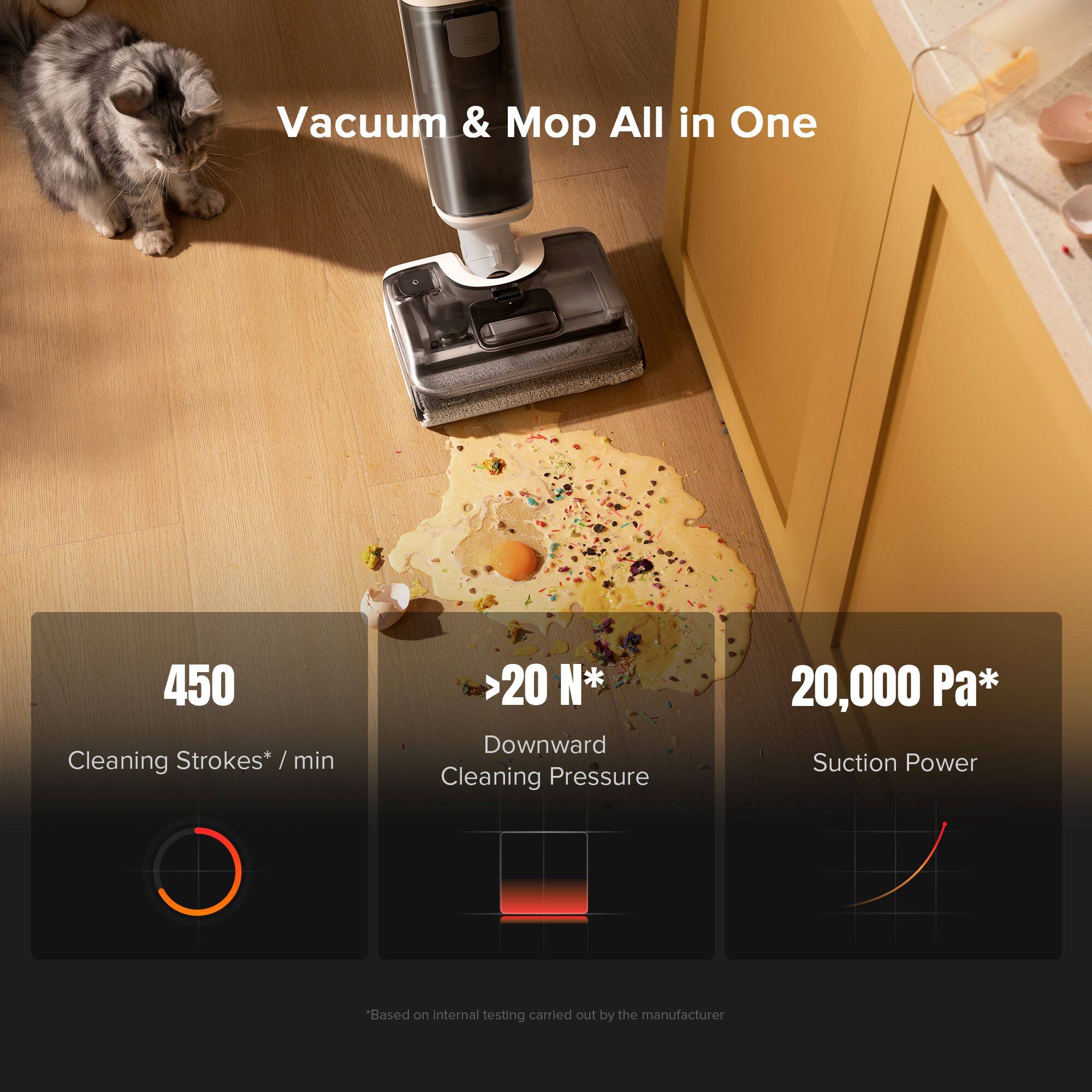 Vacuum & Mop All in One: 450 Cleaning Strokes per minute, Downward Cleaning Pressure of 20,000 Pa, and Suction Power of 20,000 Pa. Based on internal testing carried out by the manufacturer.
