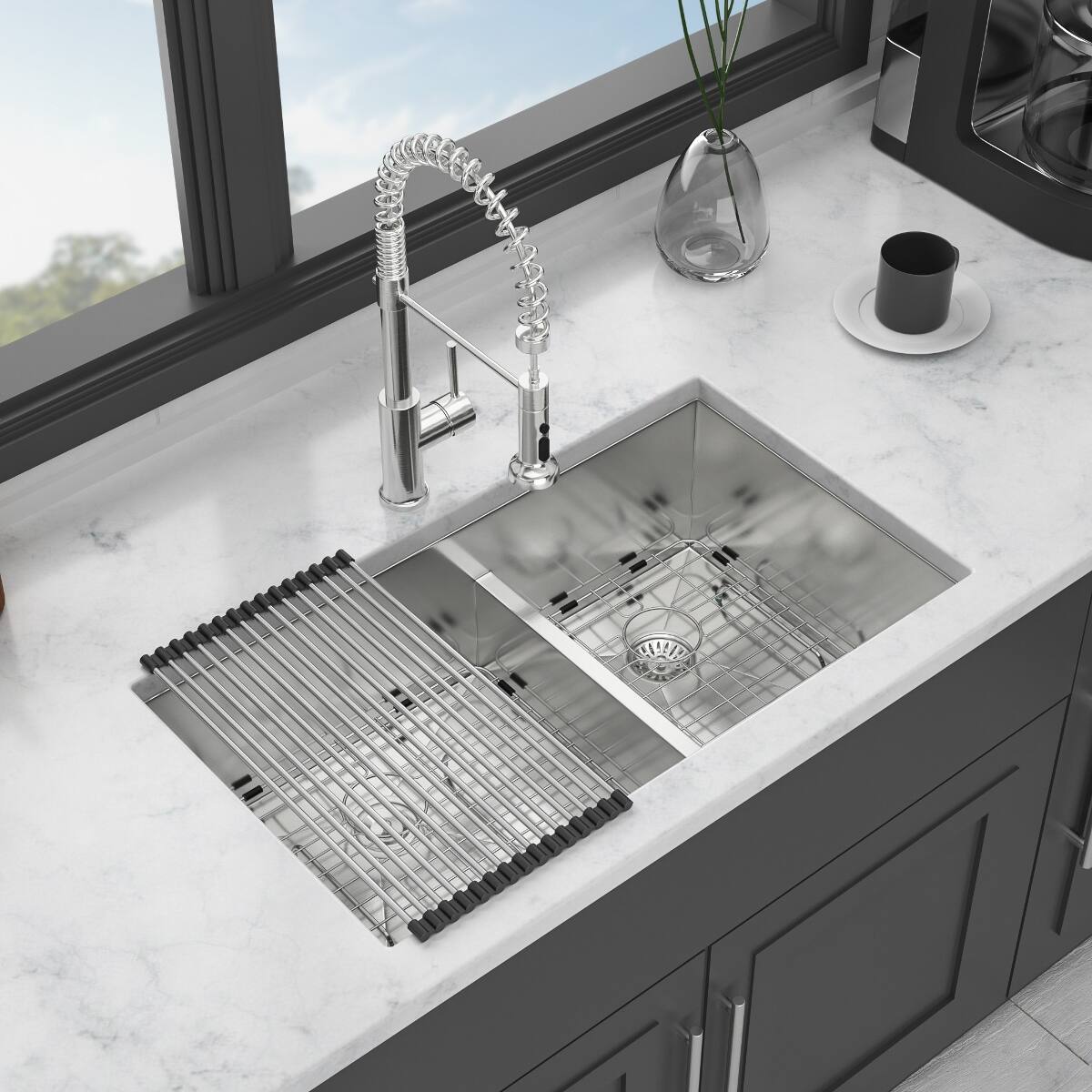 Ropilly 33 Inch Undermount Double Bowl Kitchen Sink, 60 40 Low Divider ...
