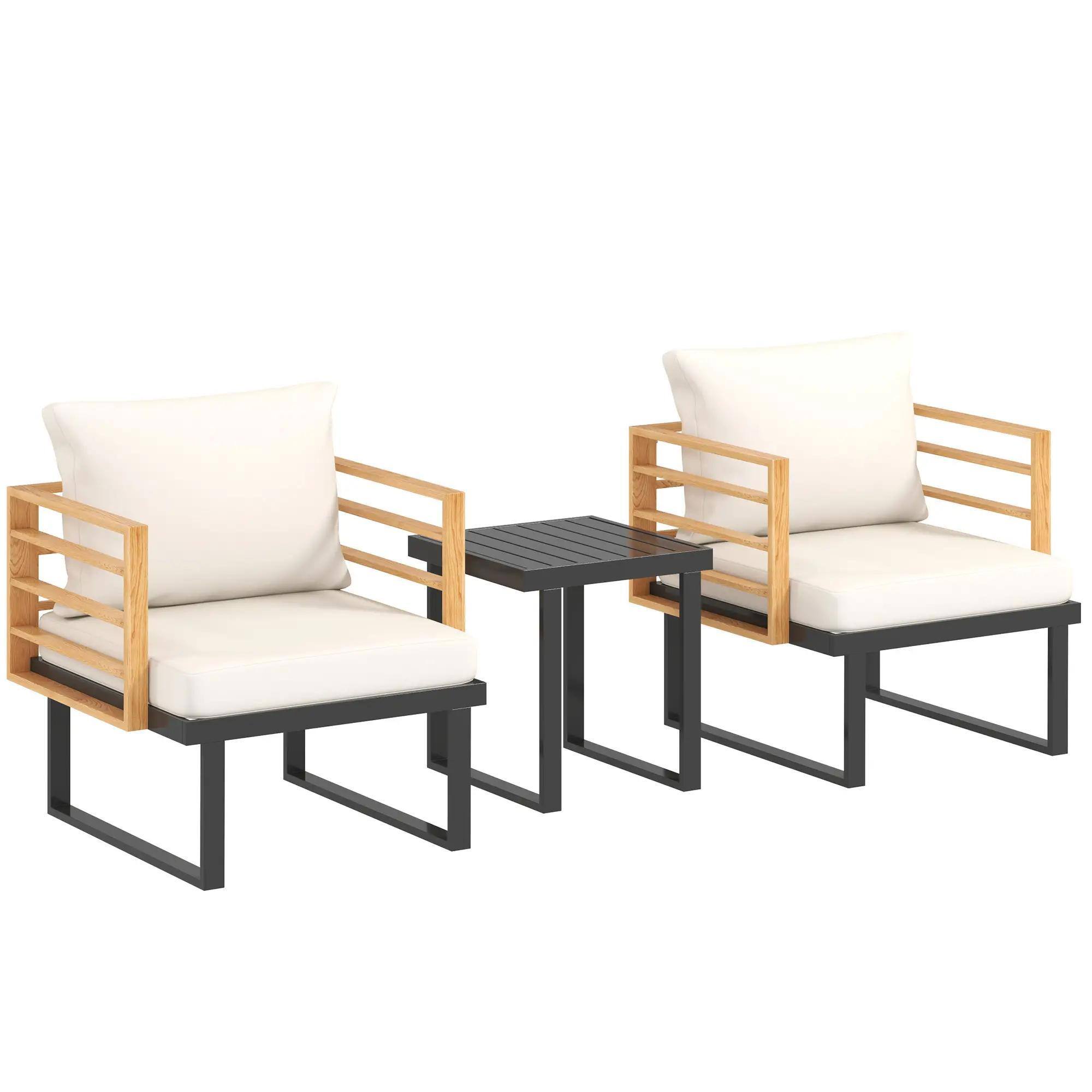 Alt View 7. Spaco - Spaco 3-Piece Metal Patio Set, Small Cushioned Armchairs, Slatted Table - Beige.