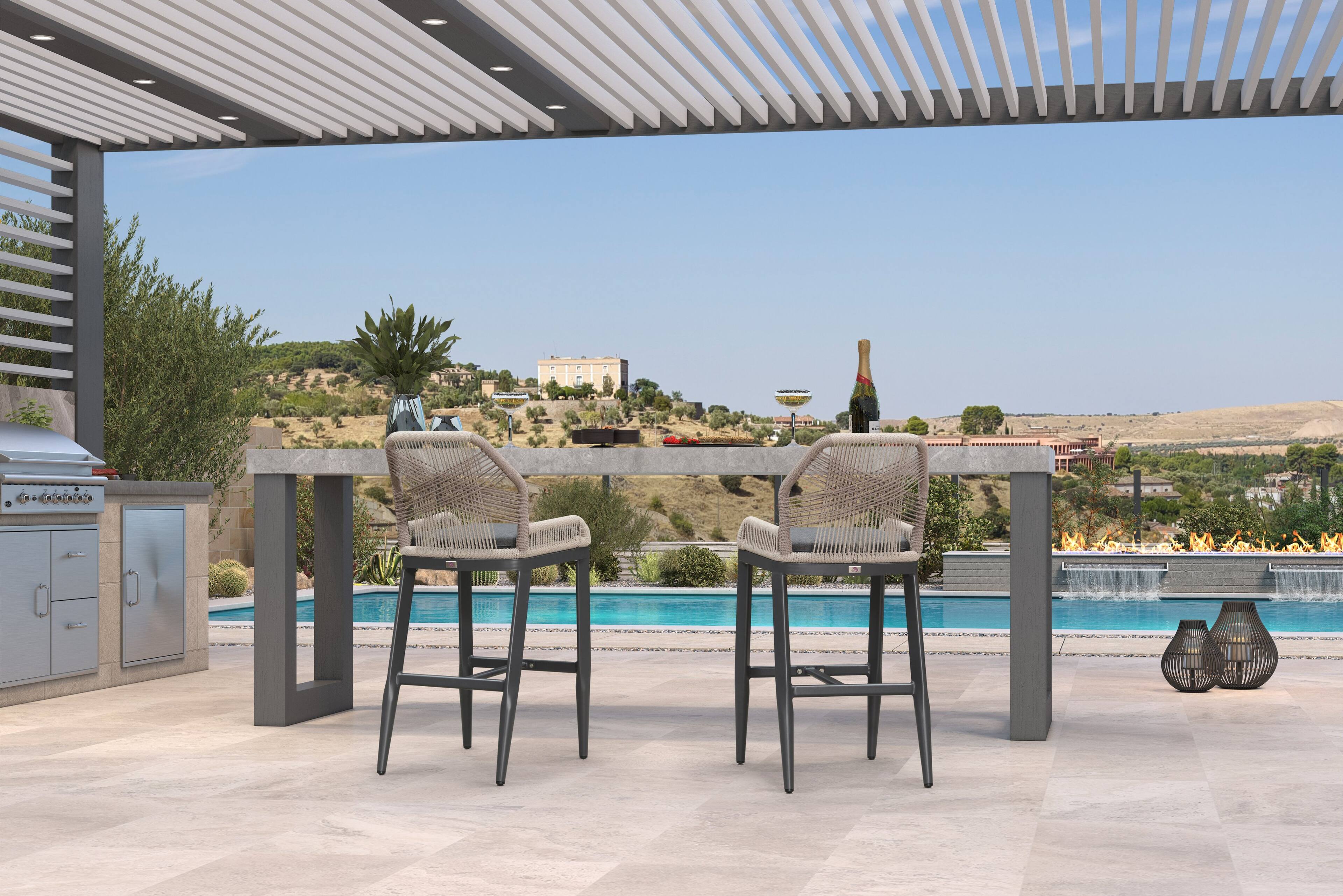 Alt View 2. PURPLE LEAF - Patio Outdoor Bar Stool Bar/Counter Height Set of 2 Rattan Chair with Back Modern Aluminum Woven Barstools for Garden - Grey-Bar Stool.