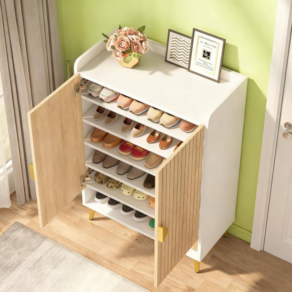 Alt View 4. TinyHomie - 7-Tier Shoe Storage Cabinet Wooden Shoe Cabinet - Natural and Gold.