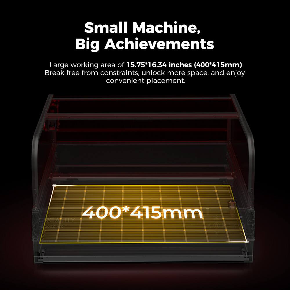 The image showcases a small machine with a large working area of 15.75*16.34 inches (400*415mm). This machine is designed to break free from constraints and unlock more space, making it a convenient addition to any workspace. With its compact size and impressive capabilities, this small machine is capable of achieving big achievements.