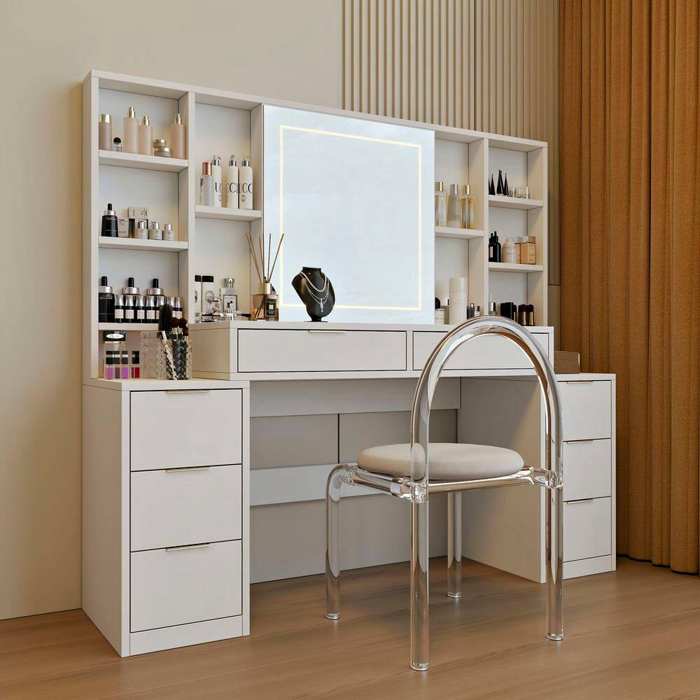 Angle. Kadyn - 59-Inch Large Vanity Desk with Mirror, Lights and 8 Drawers - White.