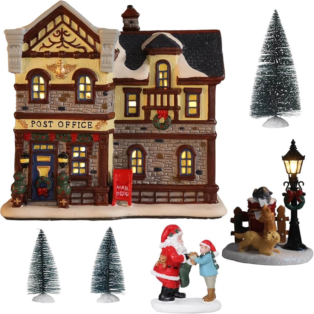 Schertz - Lighted Ceramic Christmas Village House with LED Tree – Indoor Decor - Post Office
