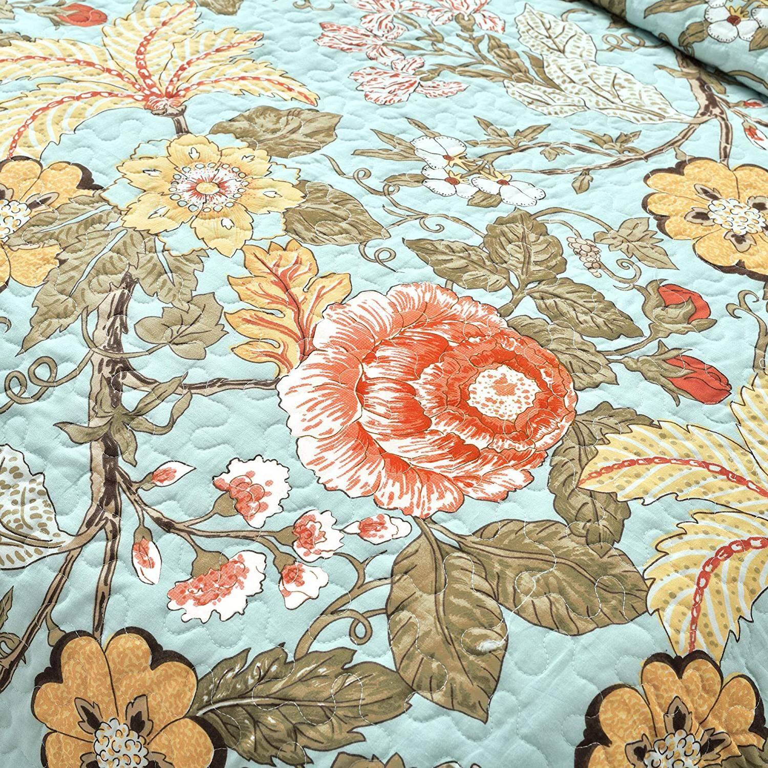 Alt View 1. Hivvago - King size 3 Piece FarmHouse Teal Floral Cotton Reversible Quilt Set - Teal Floral.