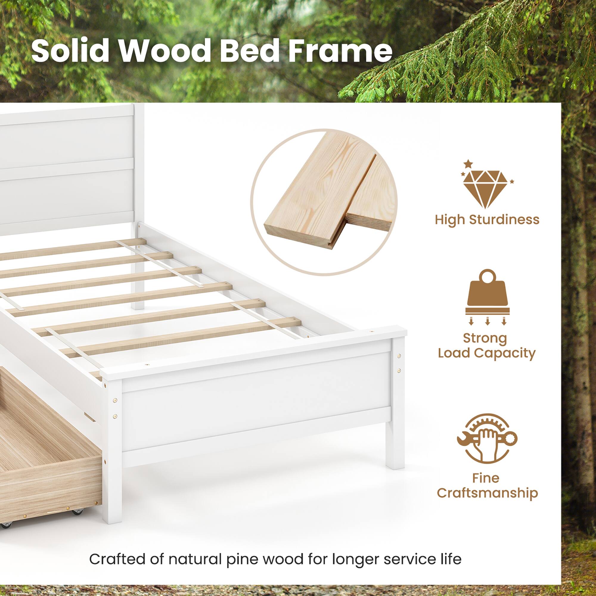 Solid Wood Bed Frame
- High Sturdiness
- Strong Load Capacity
- Fine Craftsmanship
Crafted of natural pine wood for longer service life