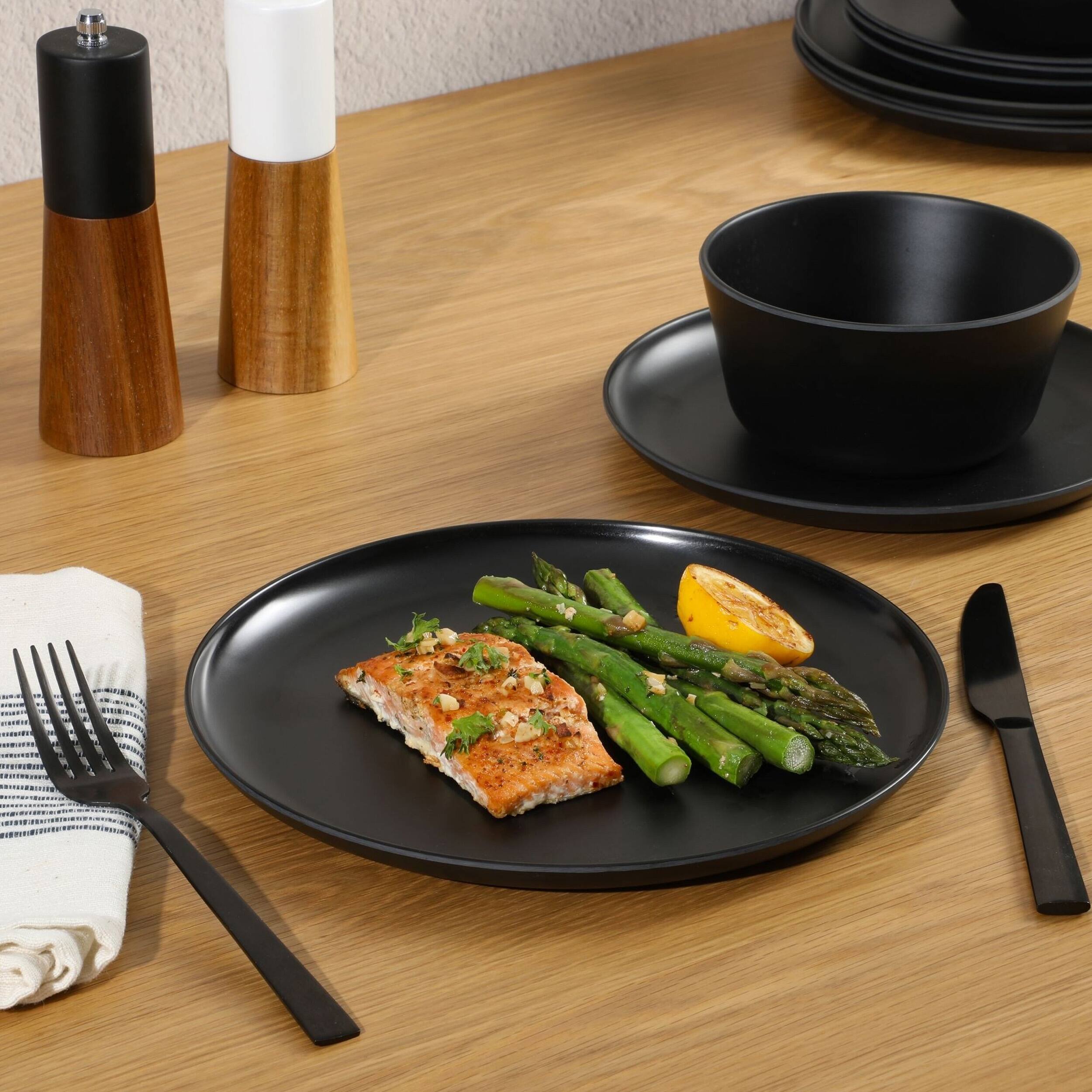 Alt View 6. Gibson - Gibson Home Fairhope 12 Piece Melamine Round Dinnerware Set in Matte Black - Black.