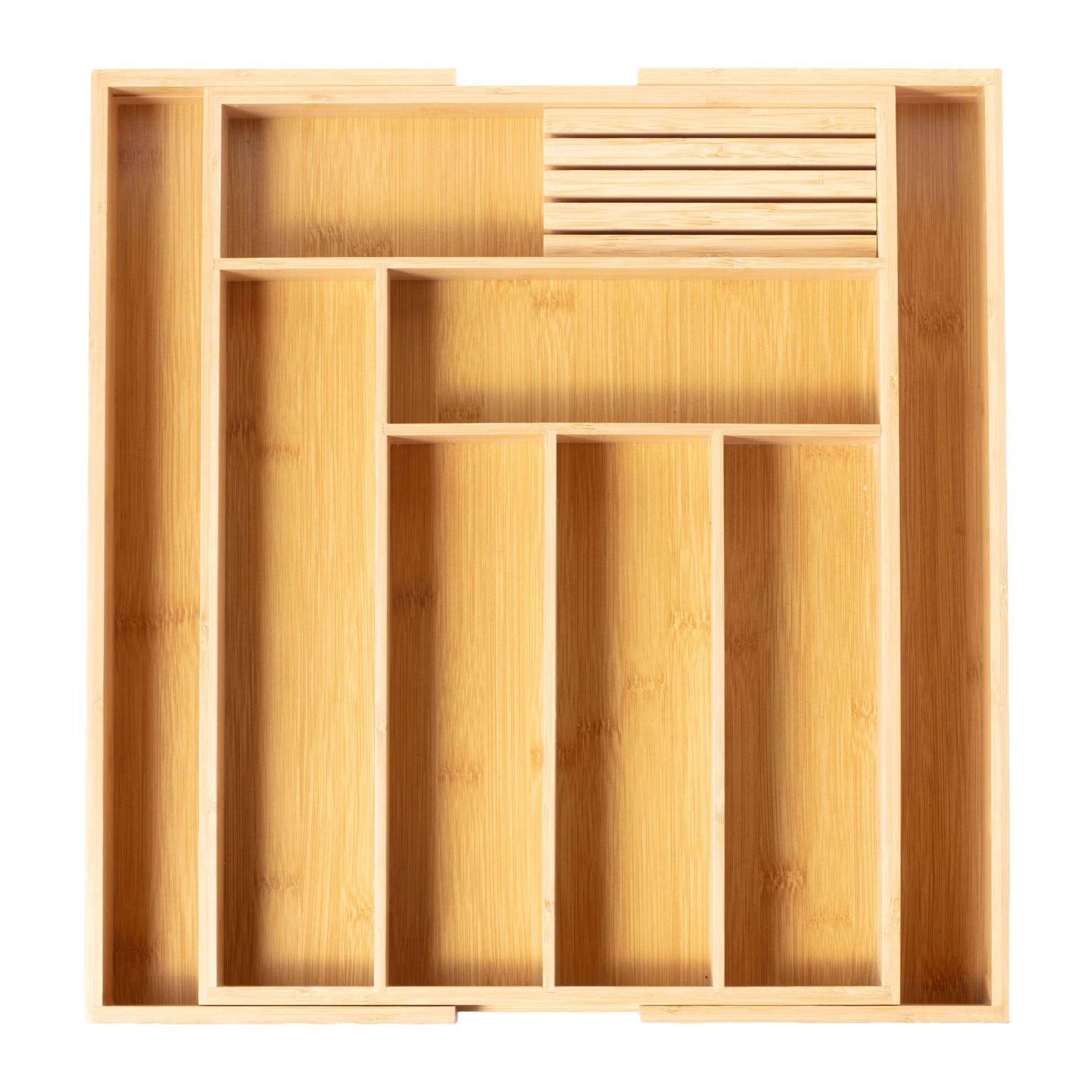 Front. Luminuxe - Expandable Bamboo Utensil Drawer Organizer, Wooden Utensil Tray, Nonslip, Cutlery Divider.