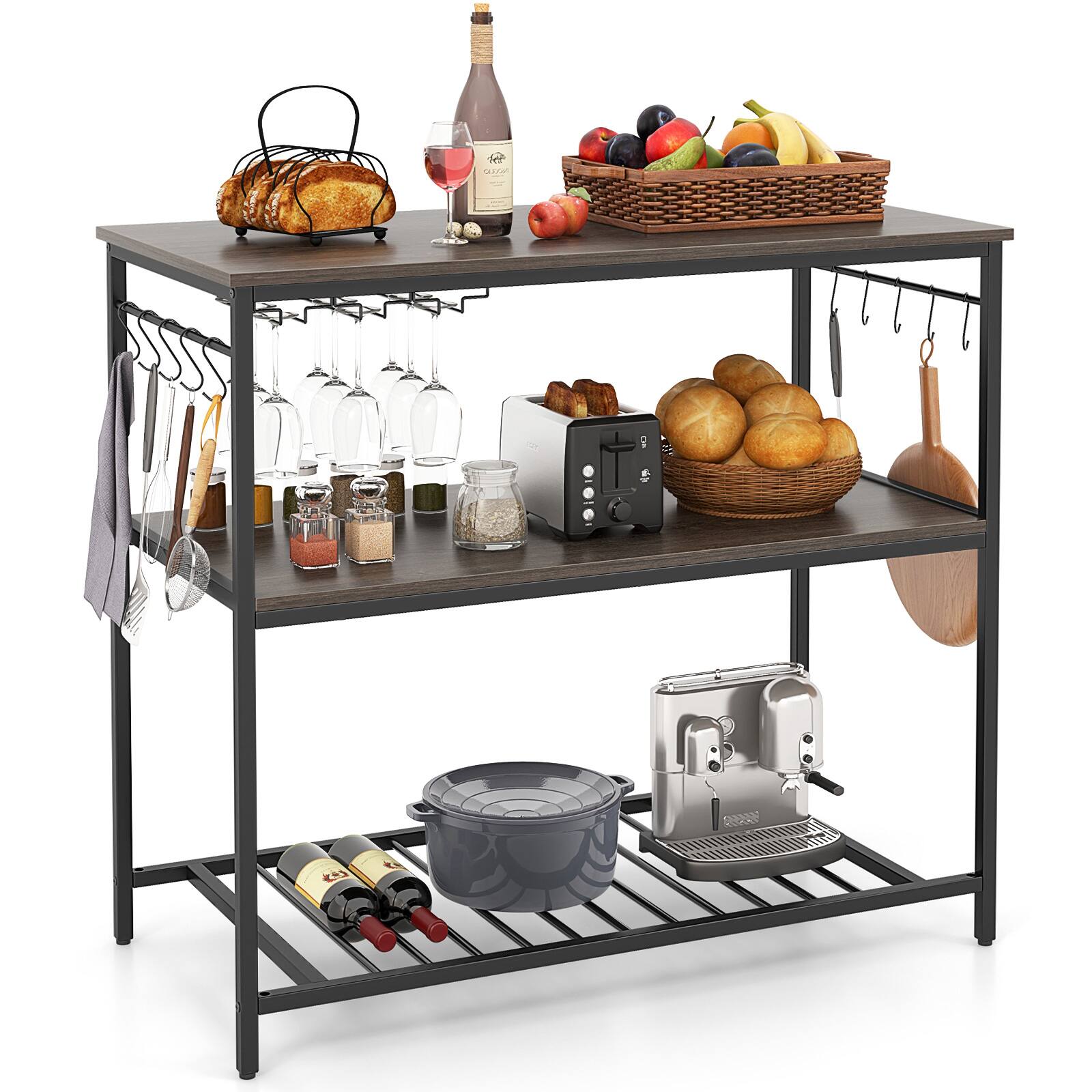 Alt View 1. SlickBlue - Kitchen Island Cart with 3 Shelves, Glass Holders and 10 Hanging Hooks - Grey.