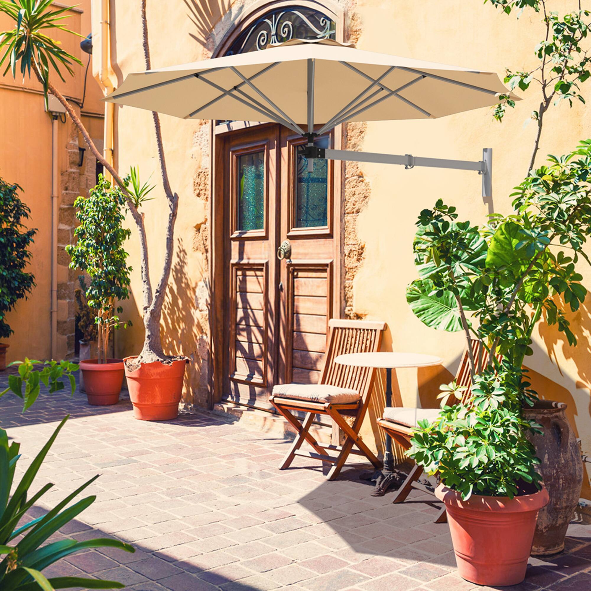 Gymax - 8FT Patio Wall Mounted Cantilever Umbrella Parsol w/ Adjustable Pole - Beige