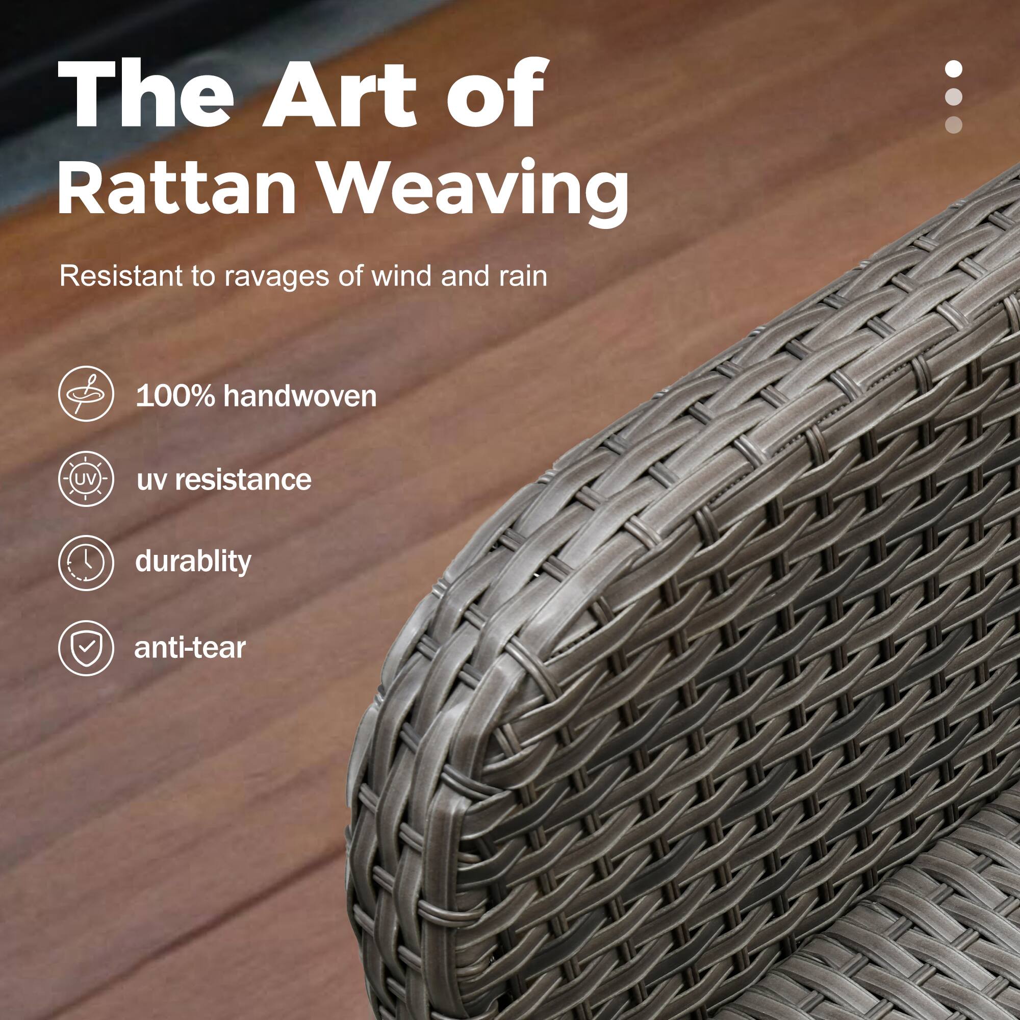 The Art of Rattan Weaving

Resistant to ravages of wind and rain

- 100% handwoven
- UV resistance
- Durability
- Anti-tear