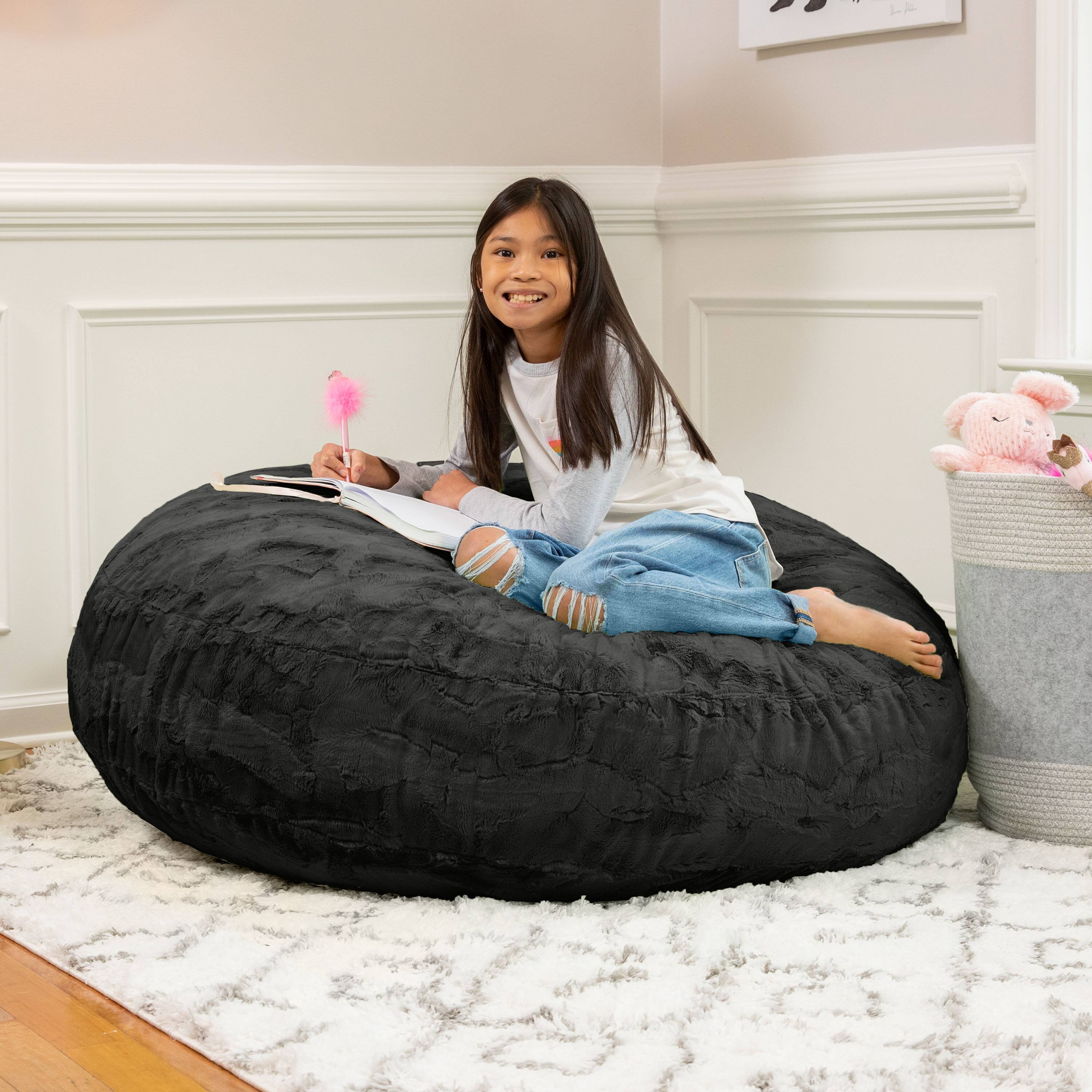 Left. Jaxx - Jaxx Cocoon 4 Foot Bean Bag Chair - Faux Fur, Black - Faux Fur - Black.