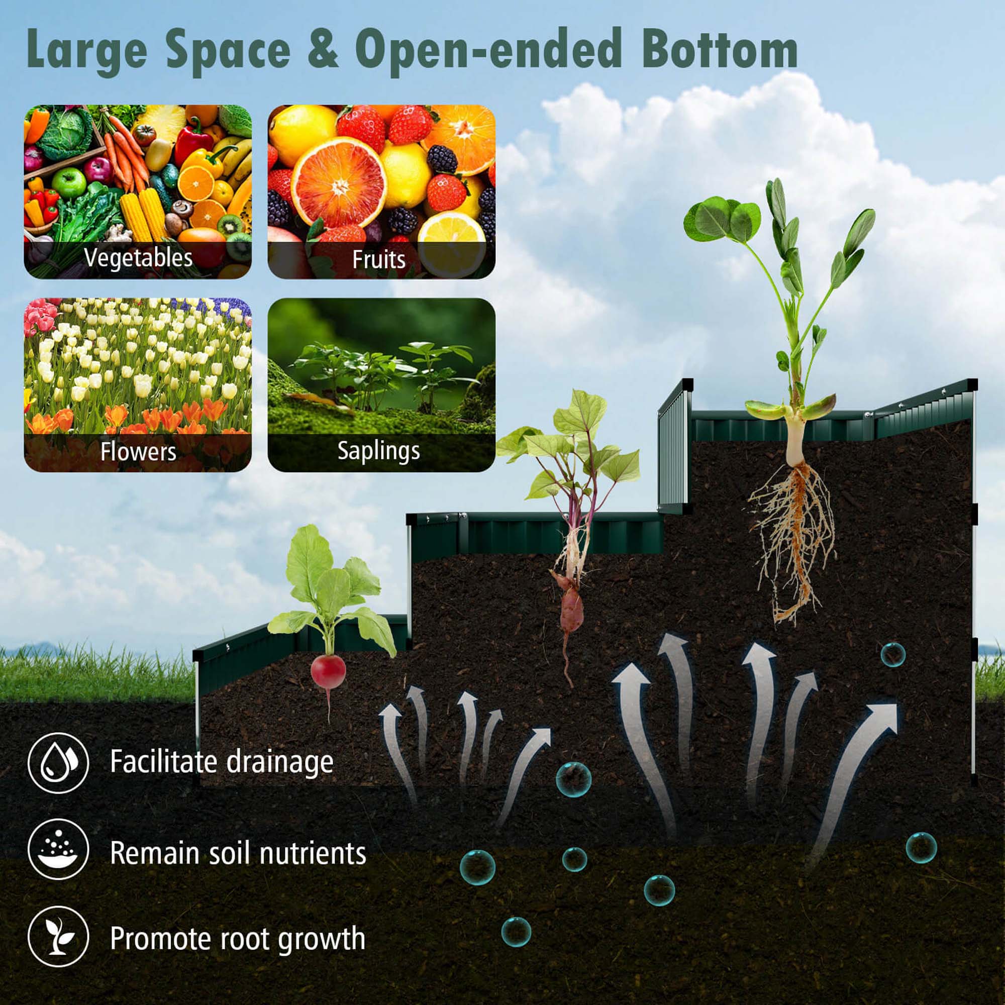 Large Space & Open-ended Bottom Vegetables Fruits Flowers Saplings Facilitate drainage Remain soil nutrients Promote root growth