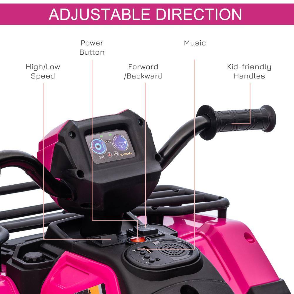 ADJUSTABLE DIRECTION

- Power Button
- High/Low Speed
- Forward/Backward
- Music
- Kid-friendly Handles