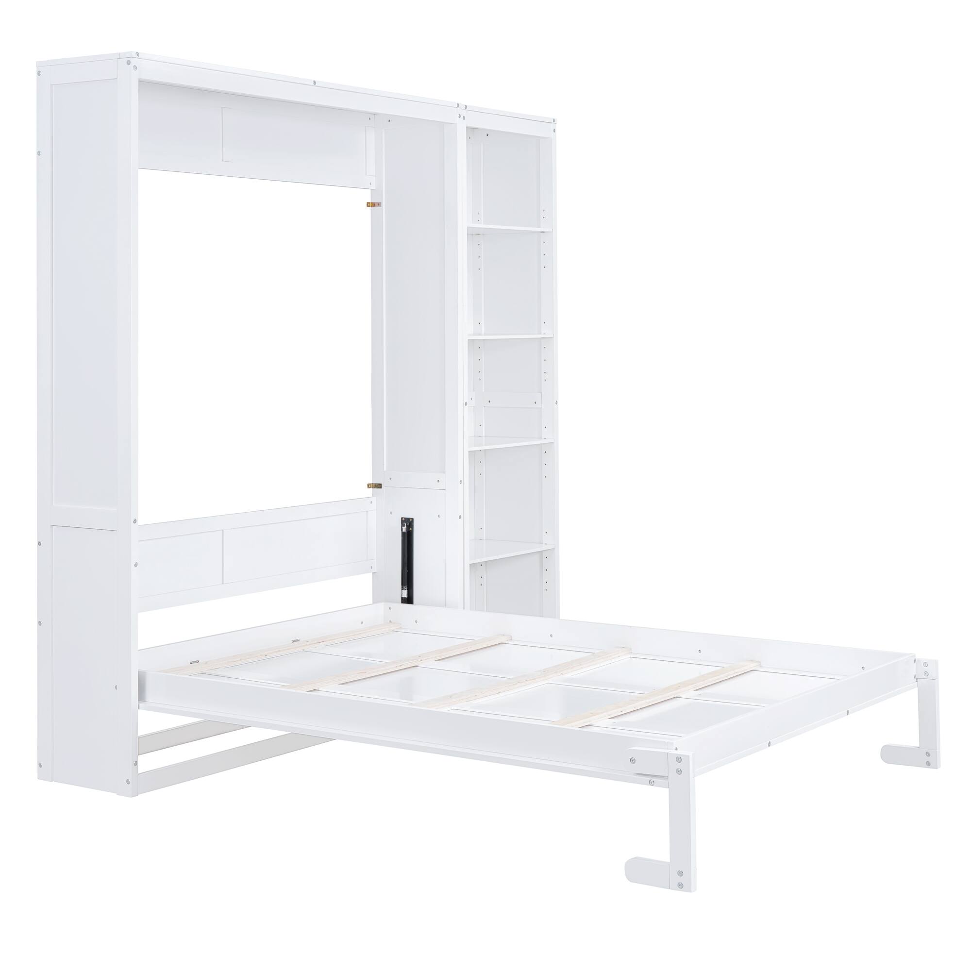 Back. Tiramisubest - Queen Size Murphy Wall Bed with Shelves, White, Wood + MDF, Space-Saving - White.