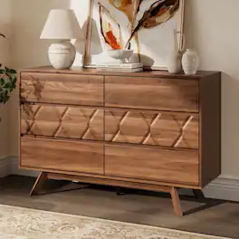 Furnulem - Wide 6 Drawer Walnut Dresser with Geometric Pattern & Beveled Drawers Modern Organizer Furniture for Bedroom Living Room - Brown