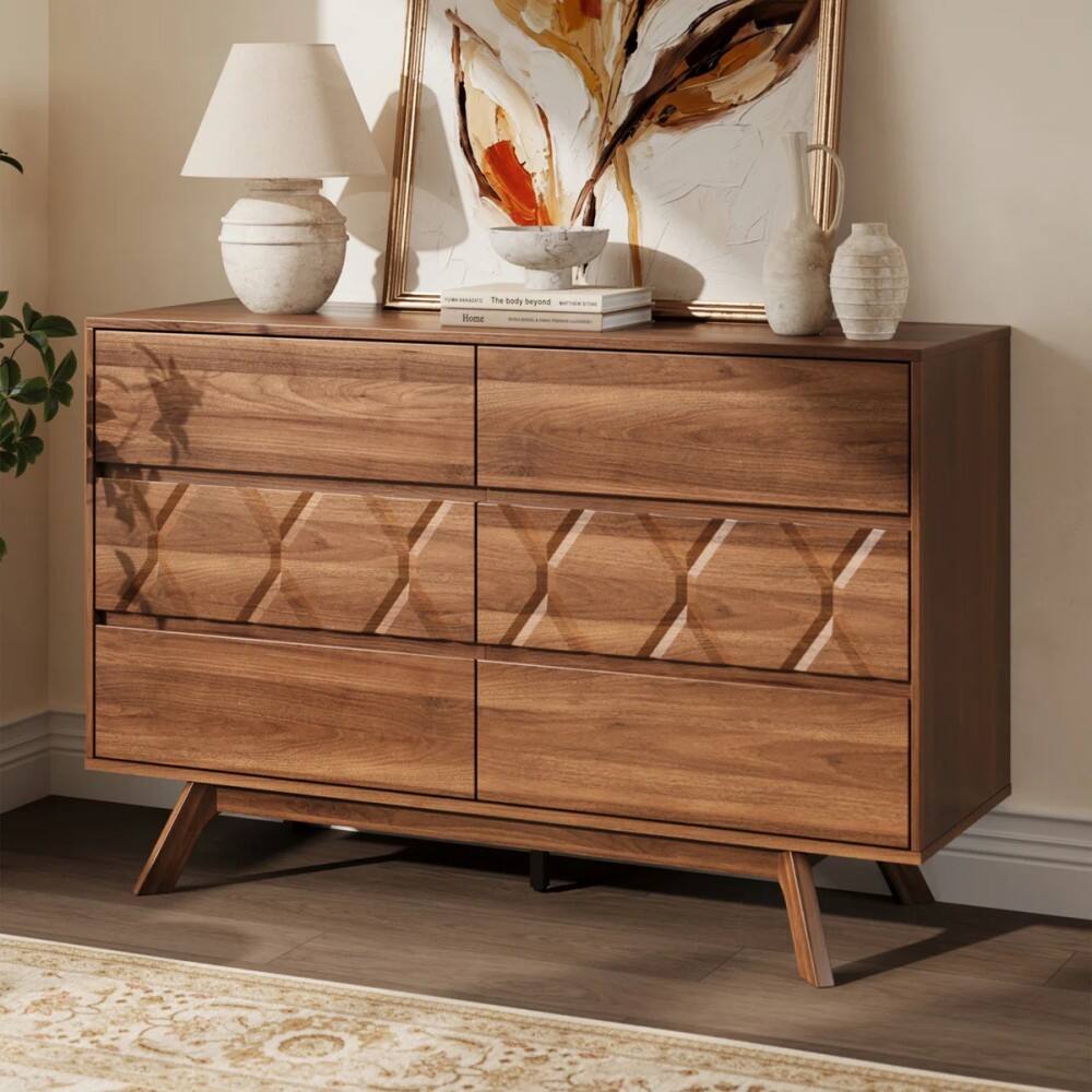 Furnulem - Wide 6 Drawer Walnut Dresser with Geometric Pattern & Beveled Drawers Modern Organizer Furniture for Bedroom Living Room - Brown