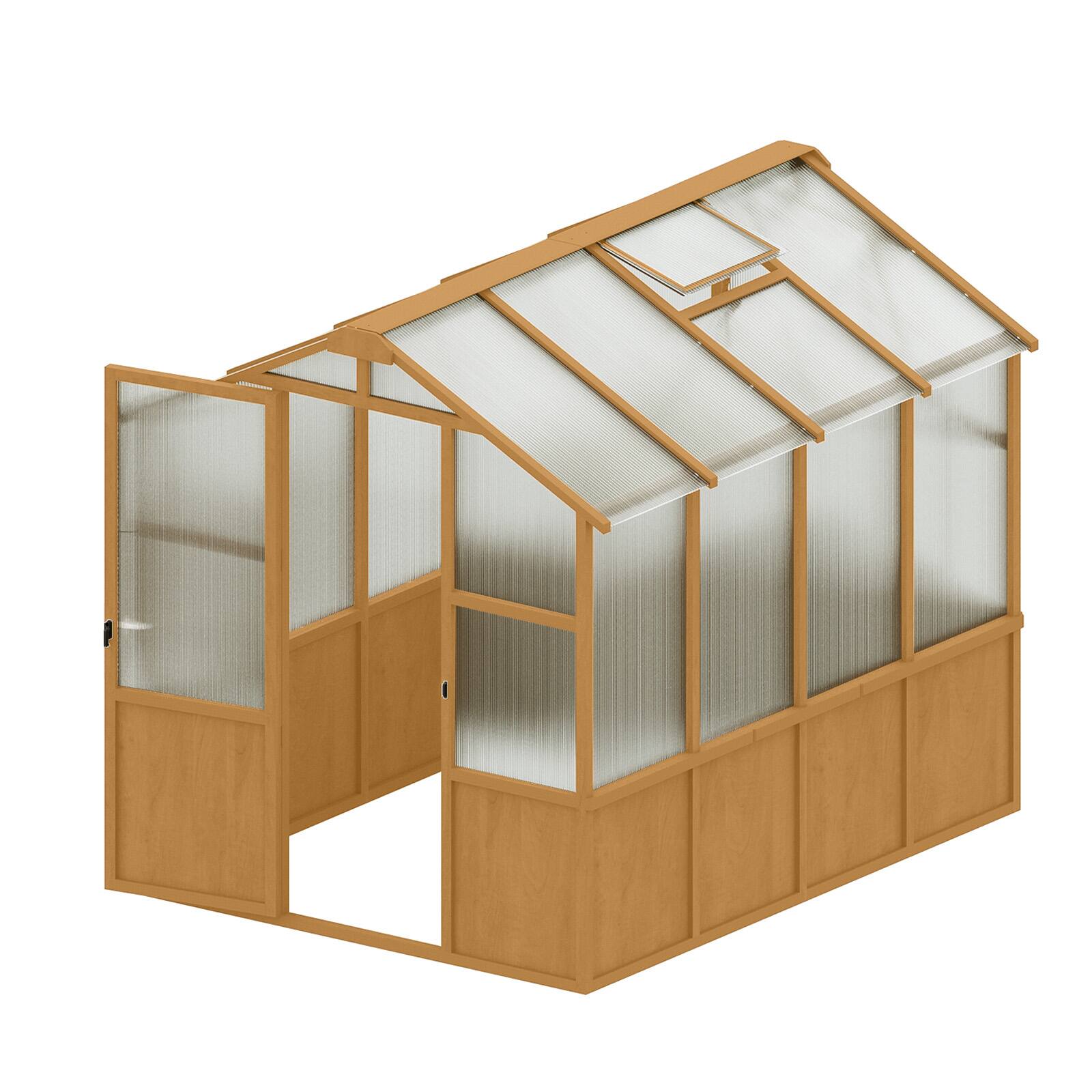 Left. Mondawe - 6x8 FT Wooden Walk-in Greenhouse with 6MM Thick Polycarbonate Panel and Adjustable Roof Vents - Brown.