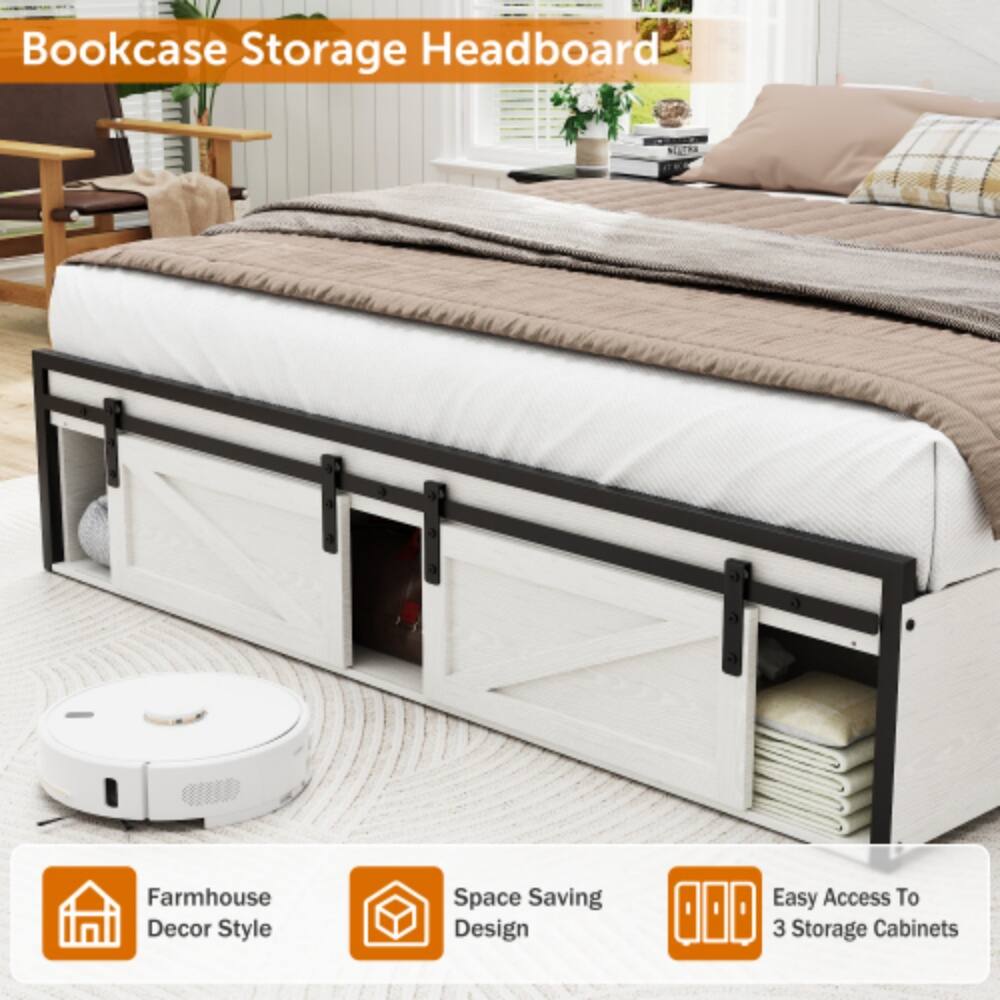 Bookcase Storage Headboard

Farmhouse Decor Style

Space Saving Design

Easy Access To 3 Storage Cabinets