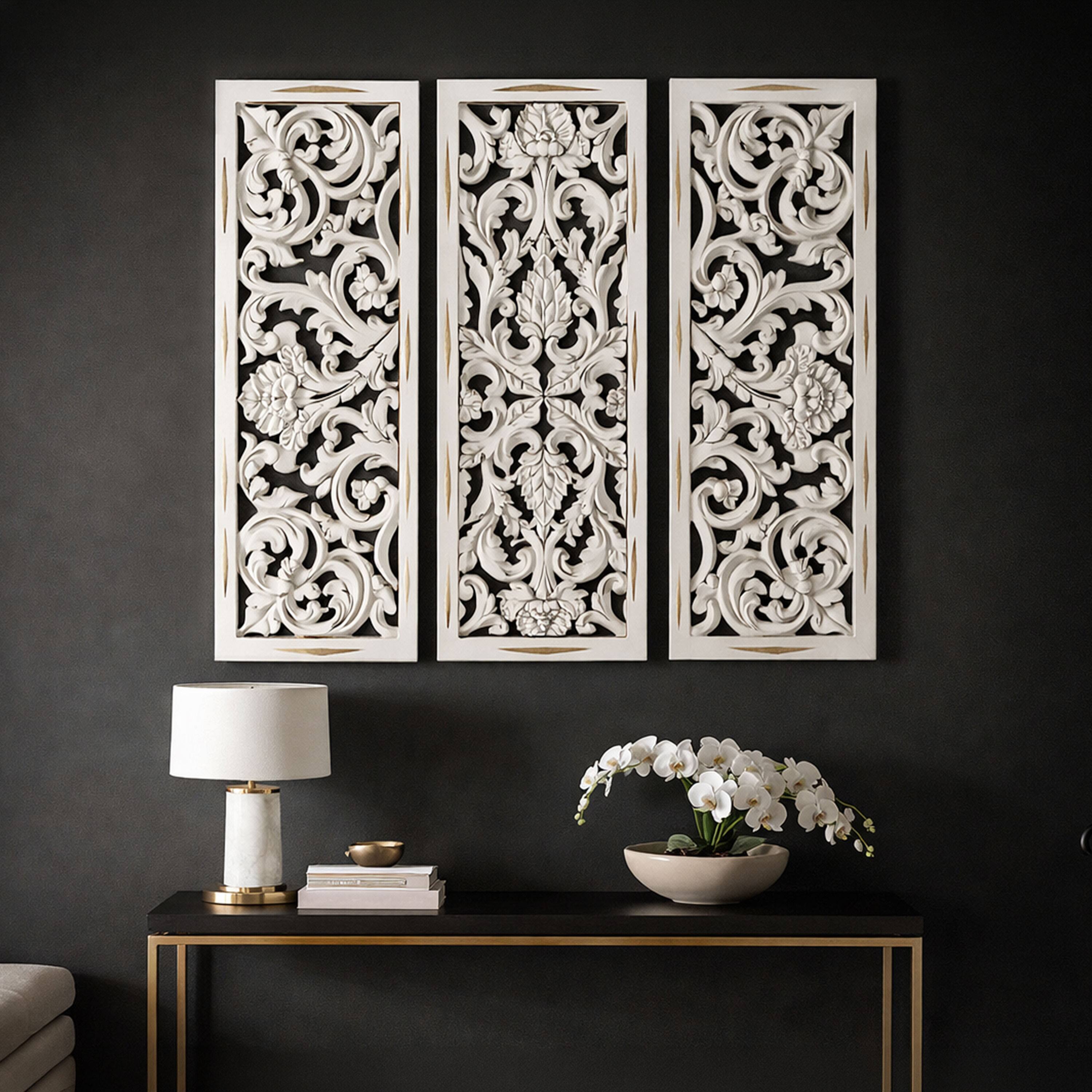 Alt View 4. Manhattan Lane - Leva 3pc Wood Wall Decor Set, Moroccan Floral Carving, Antique White Finish, 36 Inch Square - Antique White.